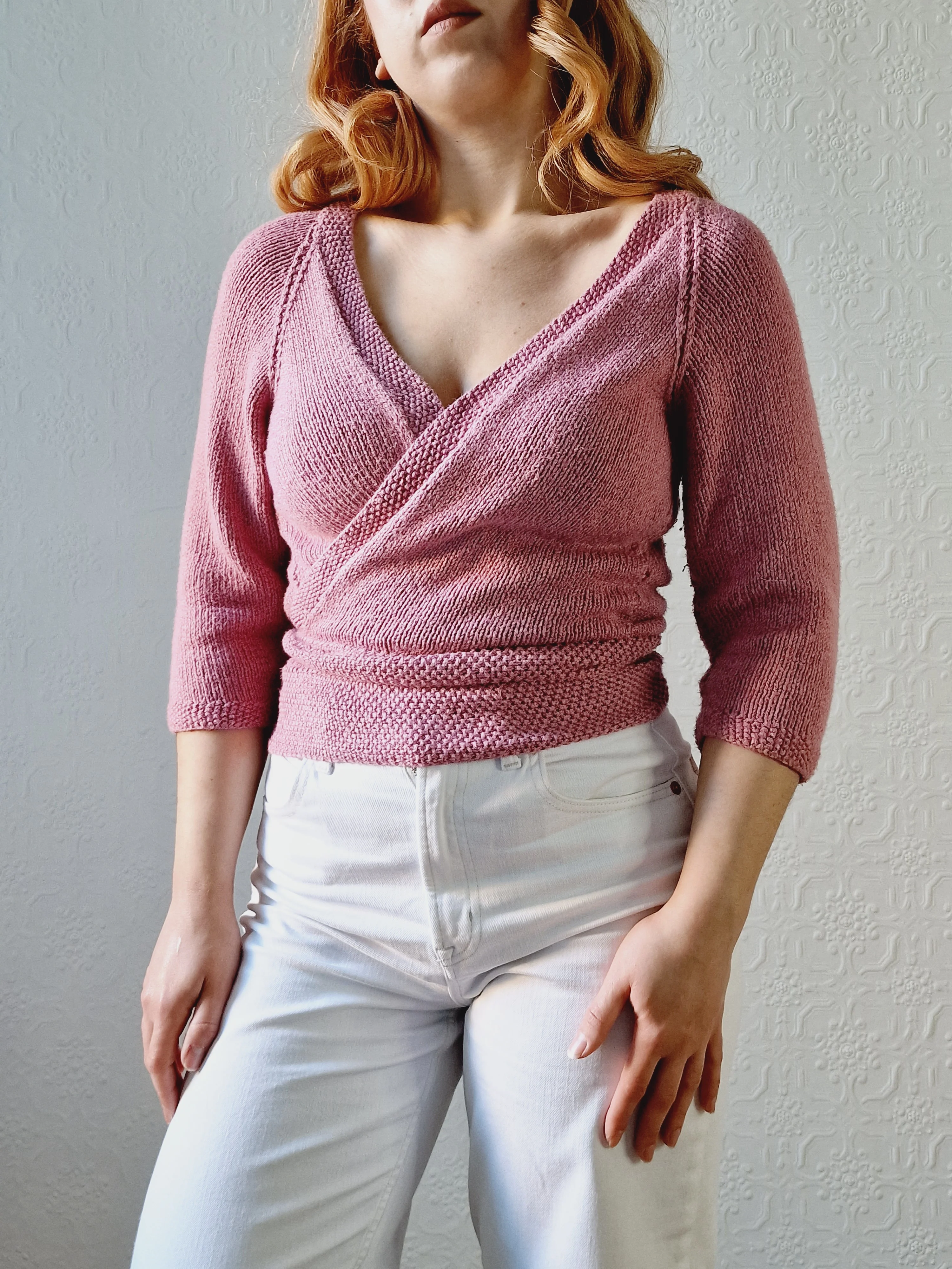 Vintage Knitted Mauve Pink Wrap Cardigan with 3/4 Sleeves - XS - Image 3