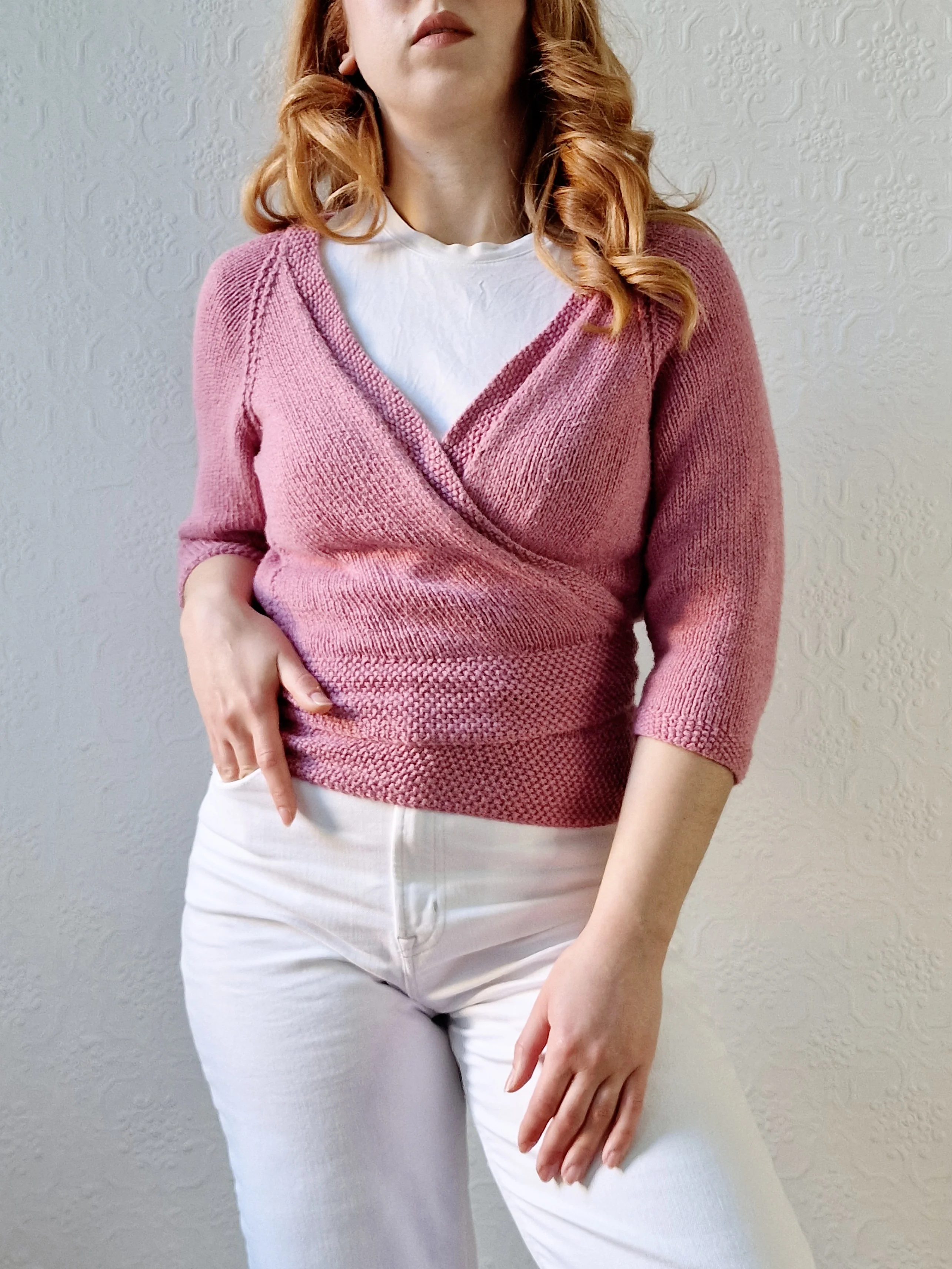 Vintage Knitted Mauve Pink Wrap Cardigan with 3/4 Sleeves - XS - Image 4