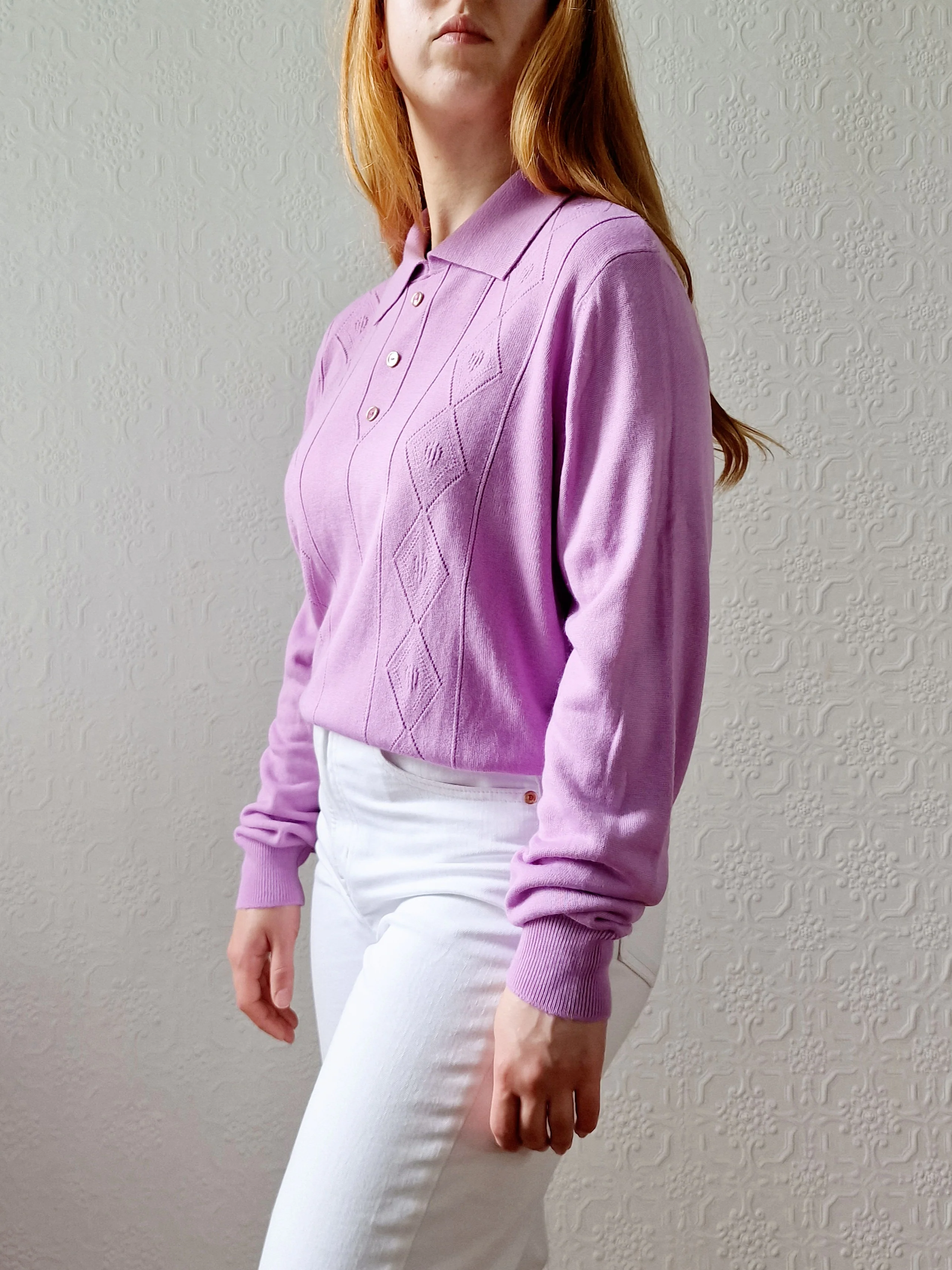 Vintage Mauve Polo Style Long Sleeve Knit Top with Collared Neck - M/L - Image 2