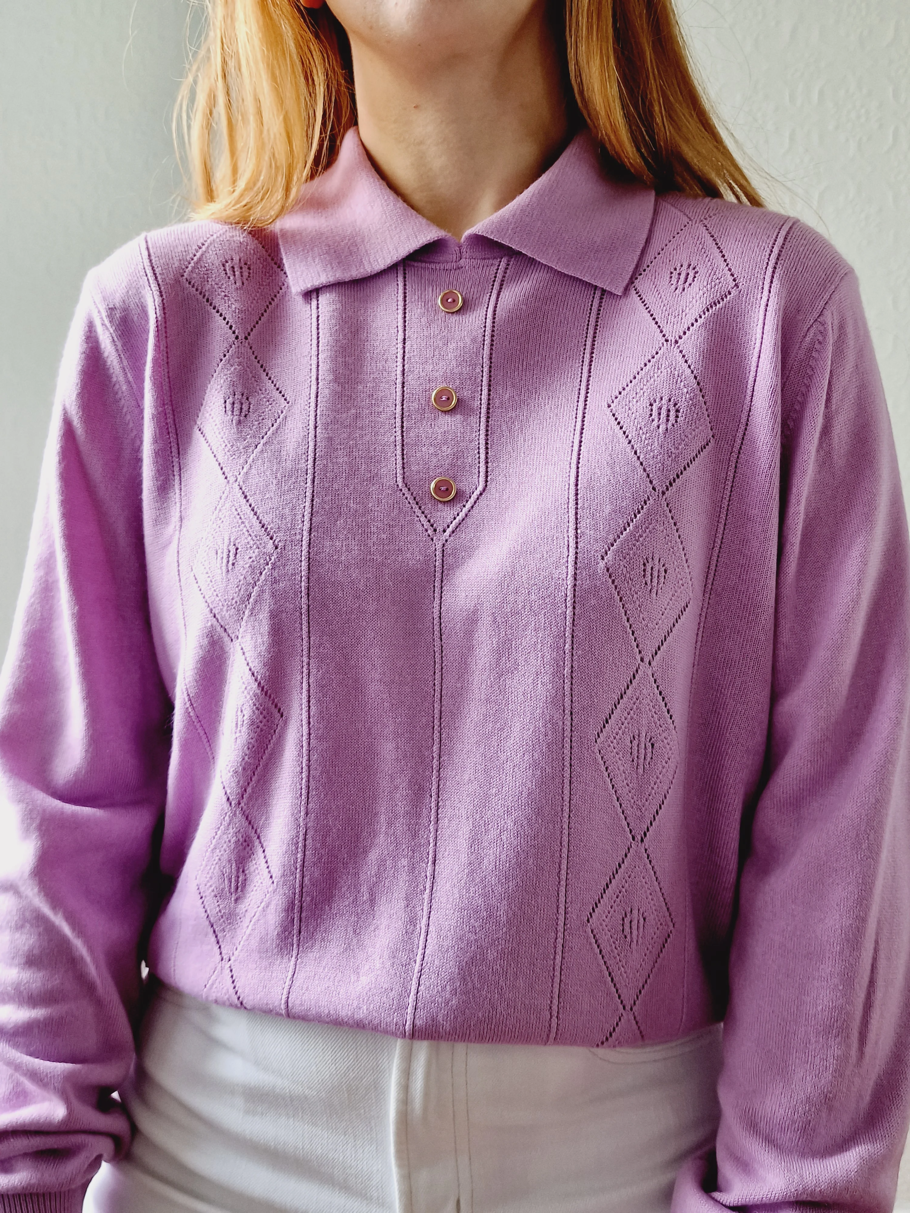 Vintage Mauve Polo Style Long Sleeve Knit Top with Collared Neck - M/L - Image 5