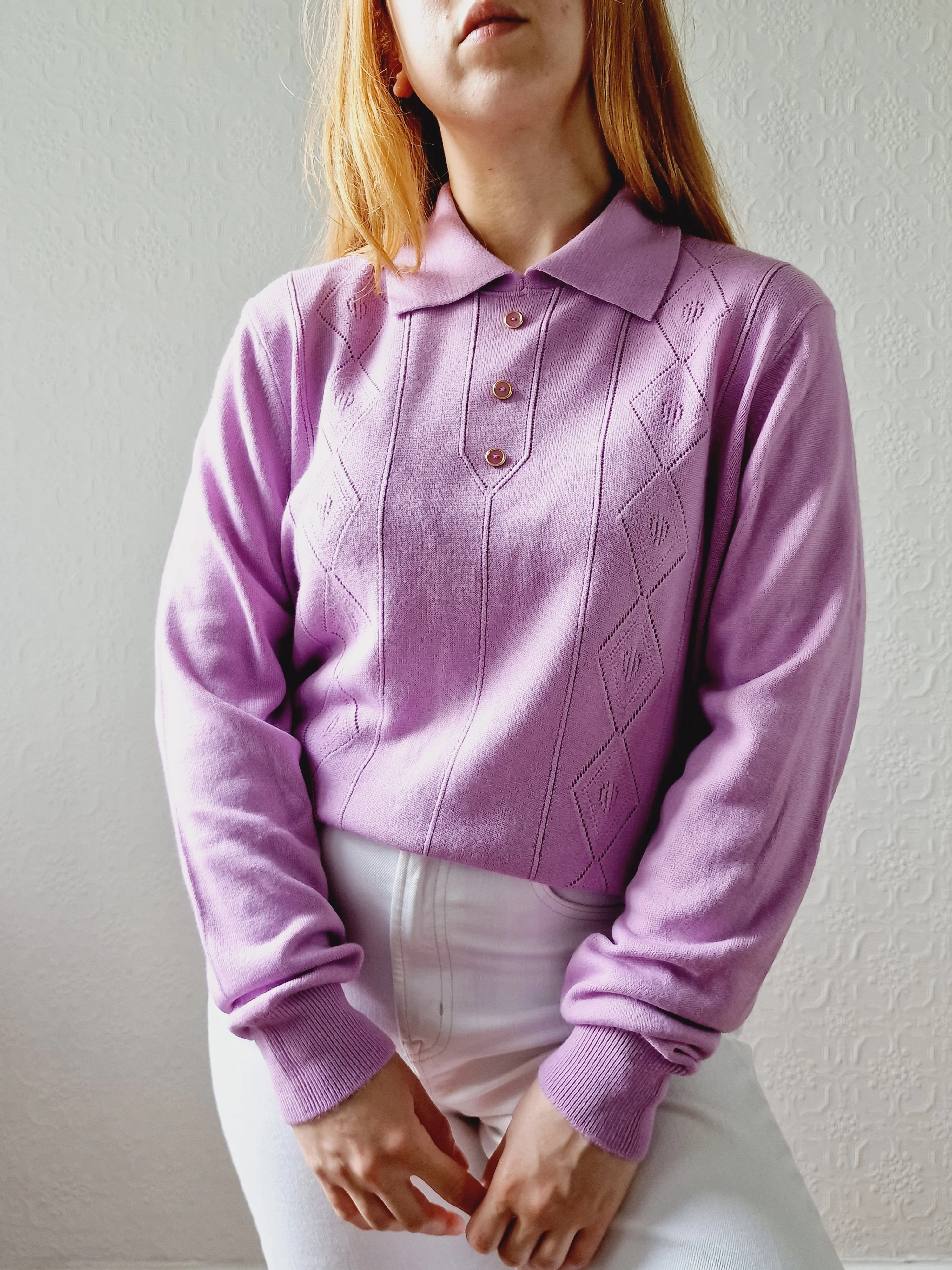 Vintage Mauve Polo Style Long Sleeve Knit Top with Collared Neck - M/L - Image 6
