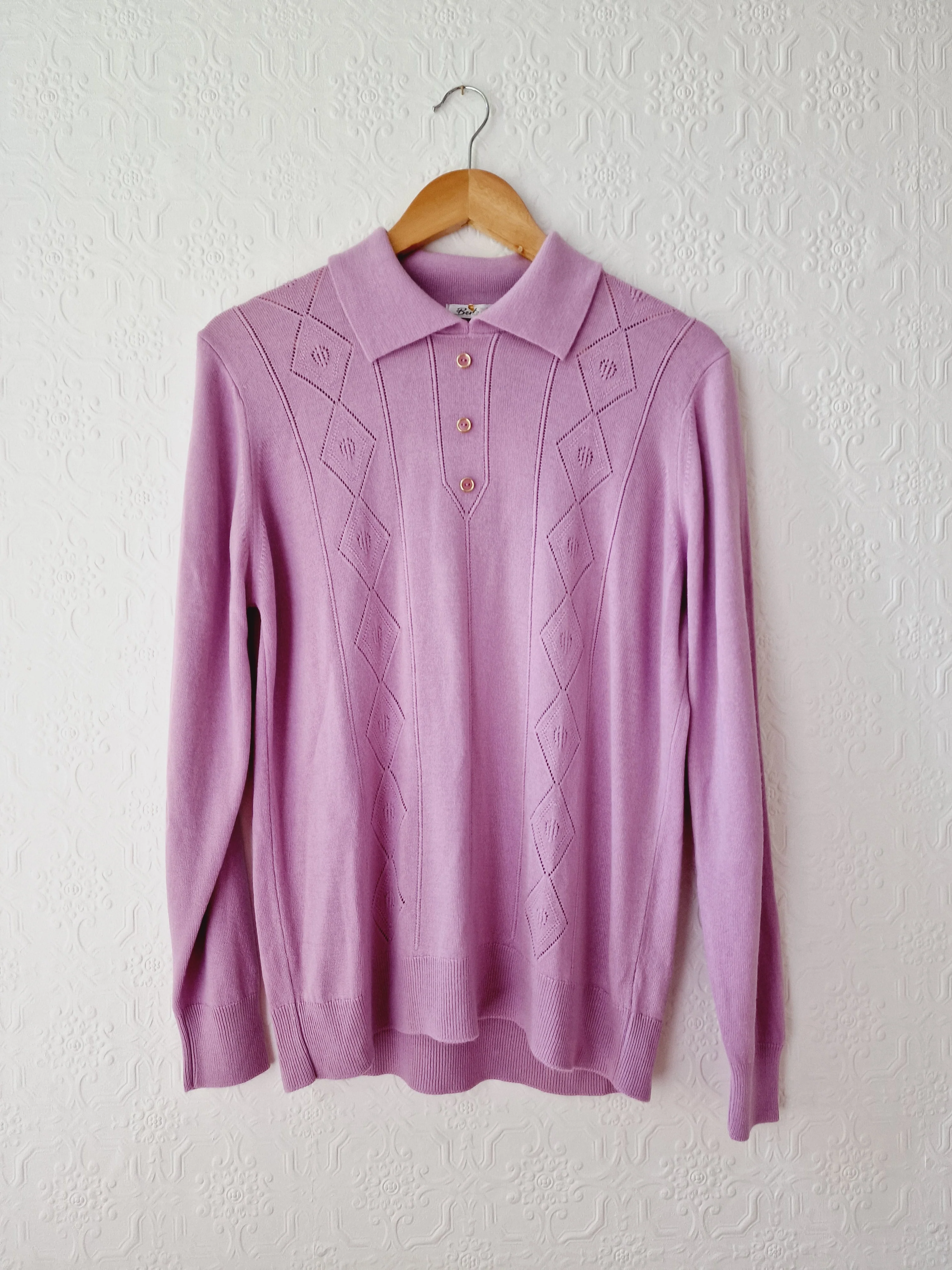 Vintage Mauve Polo Style Long Sleeve Knit Top with Collared Neck - M/L - Image 7