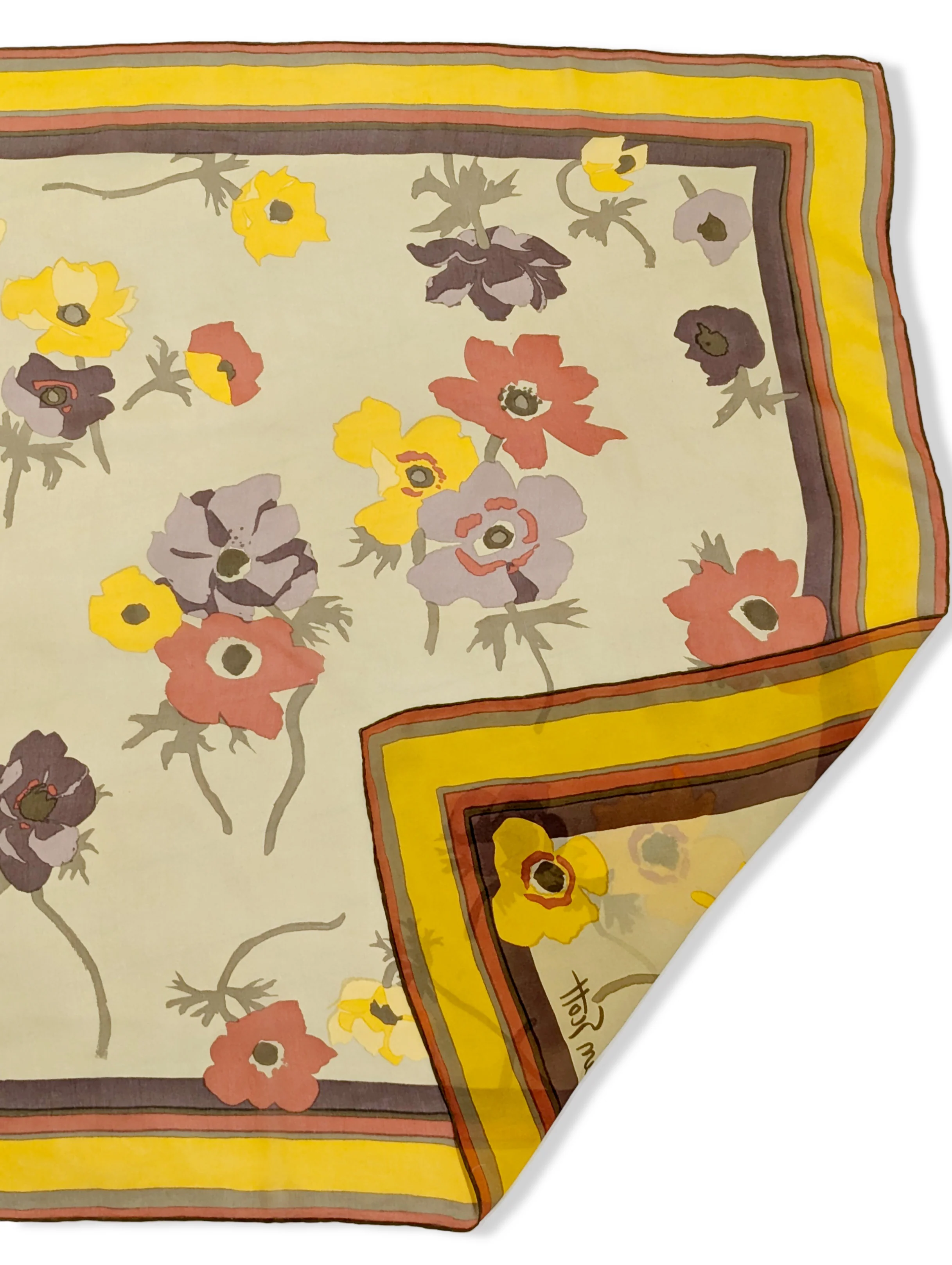 Vintage Mustard and Cream Flower Print Silk Scarf - Image 3