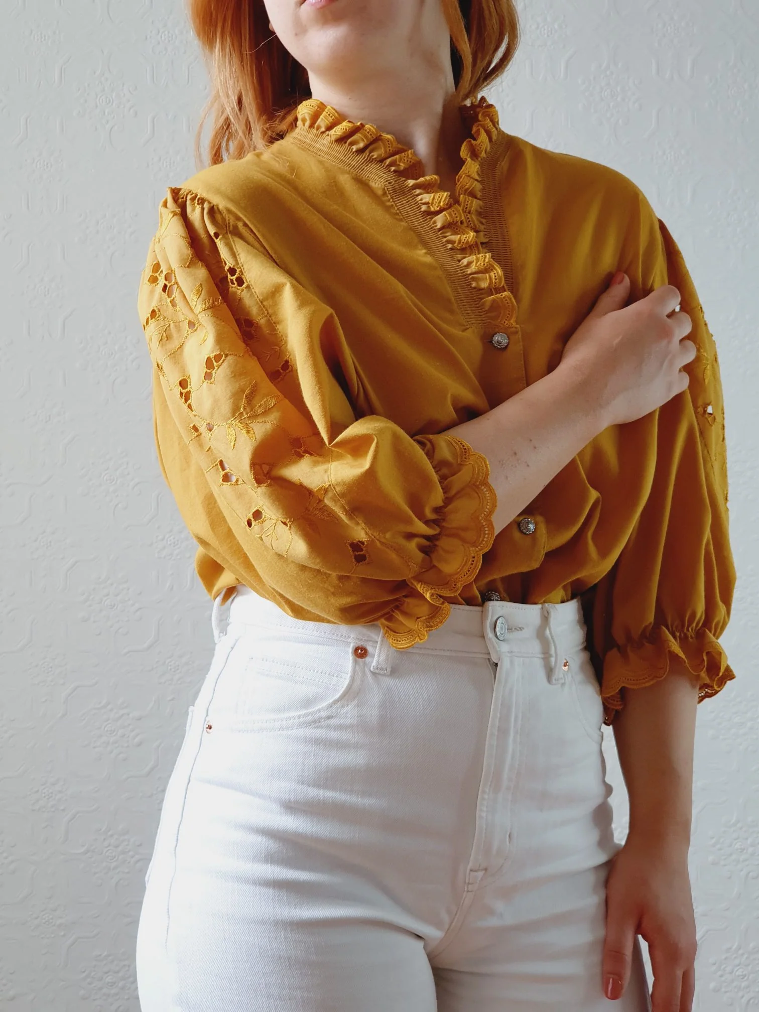 Vintage Mustard Austrian Dirndl Blouse with Puff Sleeves - XL - Image 2