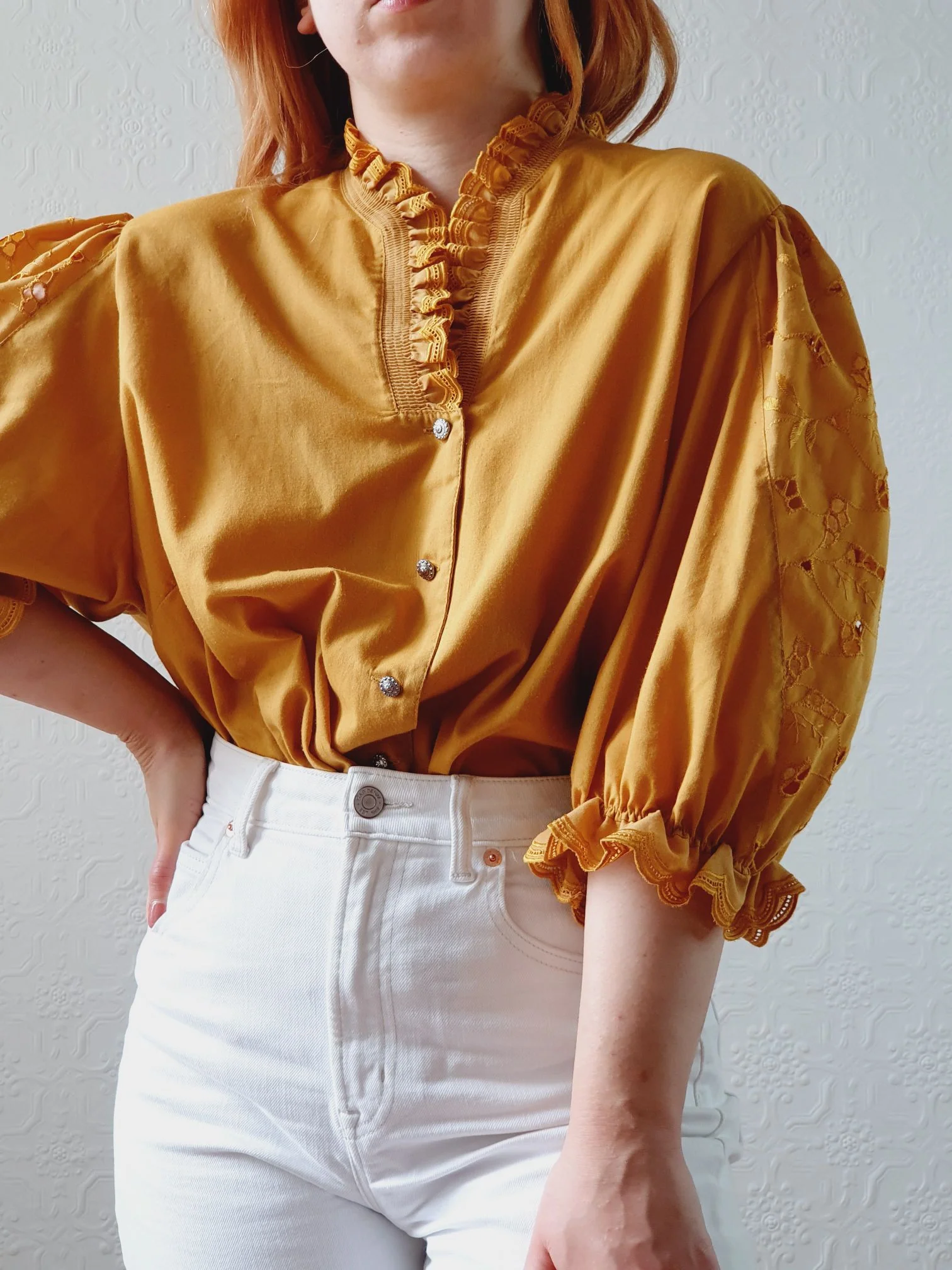 Vintage Mustard Austrian Dirndl Blouse with Puff Sleeves - XL - Image 3