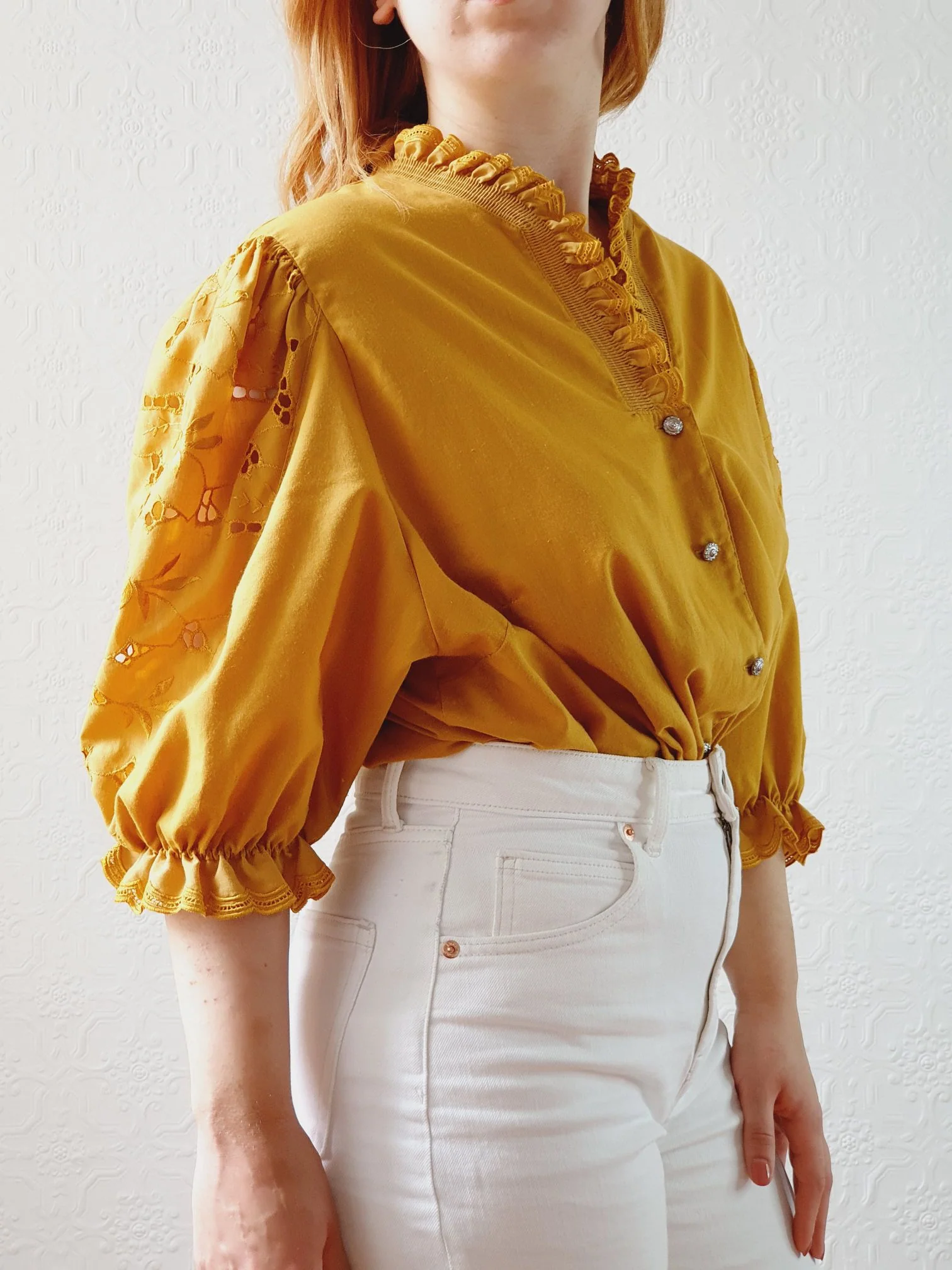Vintage Mustard Austrian Dirndl Blouse with Puff Sleeves - XL - Image 4