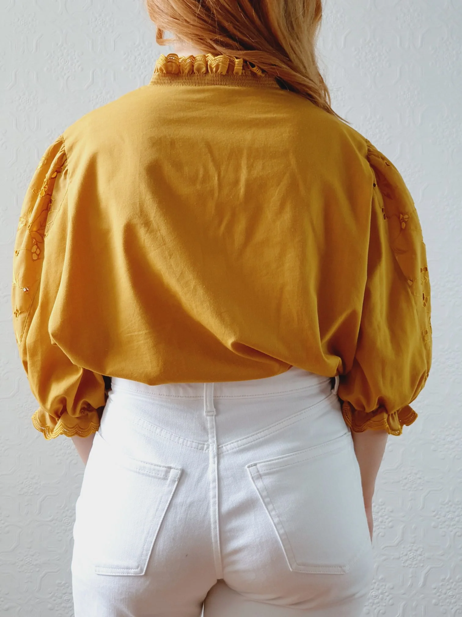Vintage Mustard Austrian Dirndl Blouse with Puff Sleeves - XL - Image 5