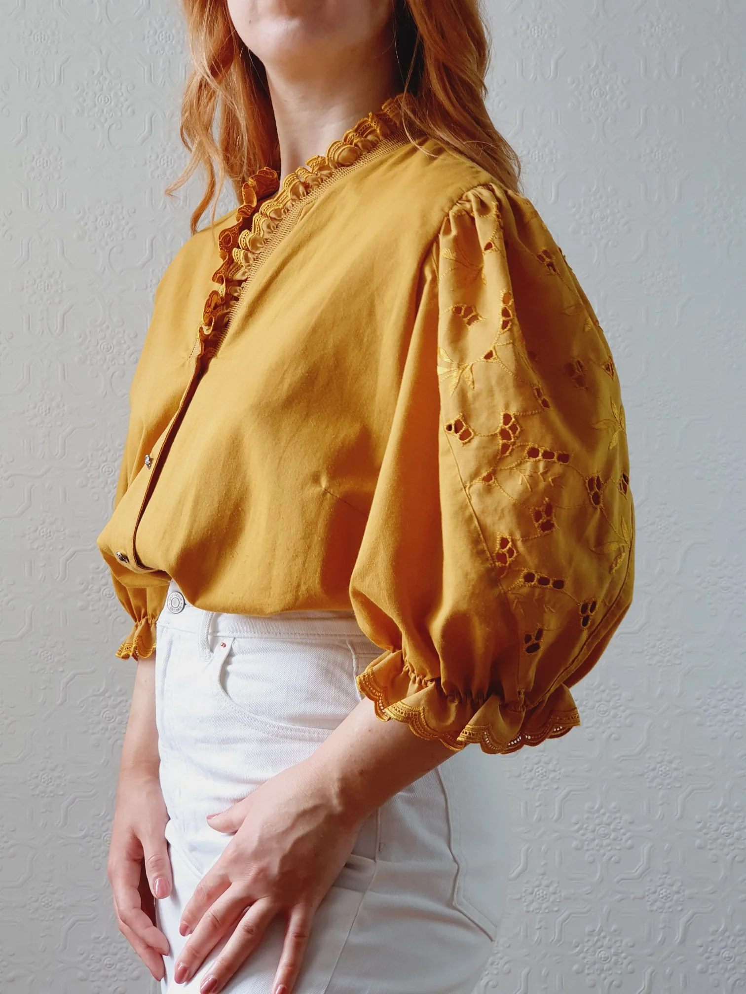 Vintage Mustard Austrian Dirndl Blouse with Puff Sleeves - XL - Image 6