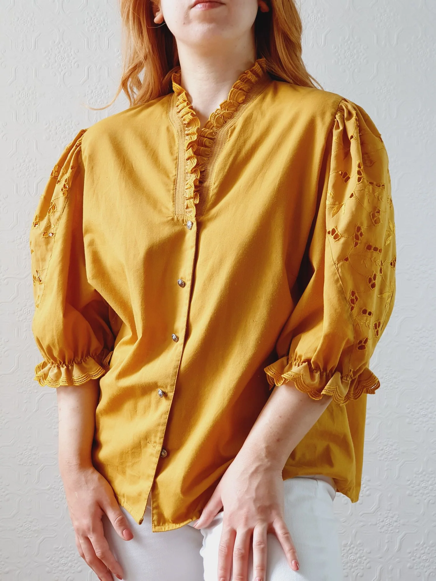 Vintage Mustard Austrian Dirndl Blouse with Puff Sleeves - XL - Image 7
