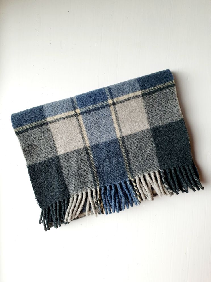 Vintage Muted Blue and Grey Checked Scarf - Image 2