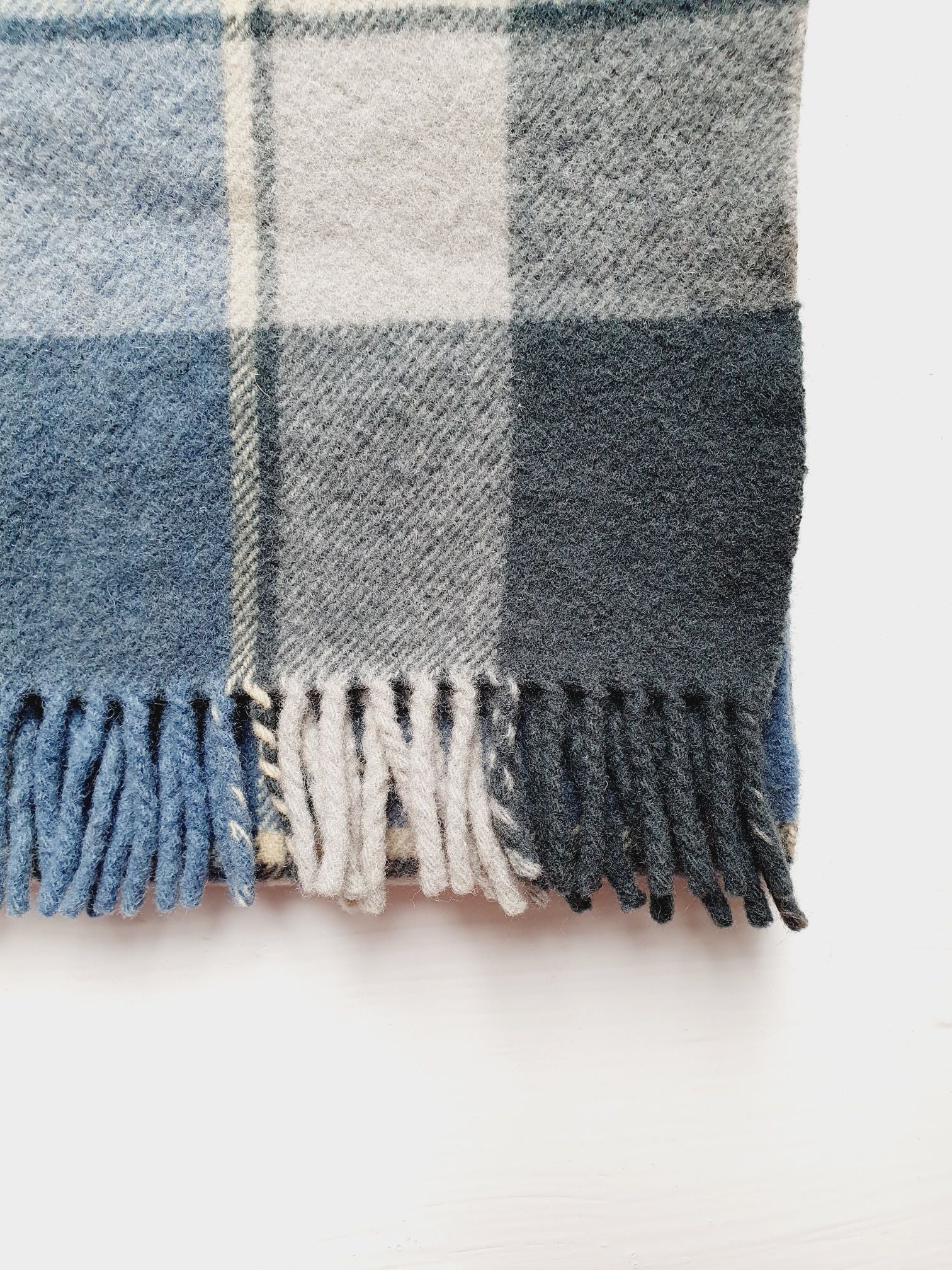 Vintage Muted Blue and Grey Checked Scarf - Image 3