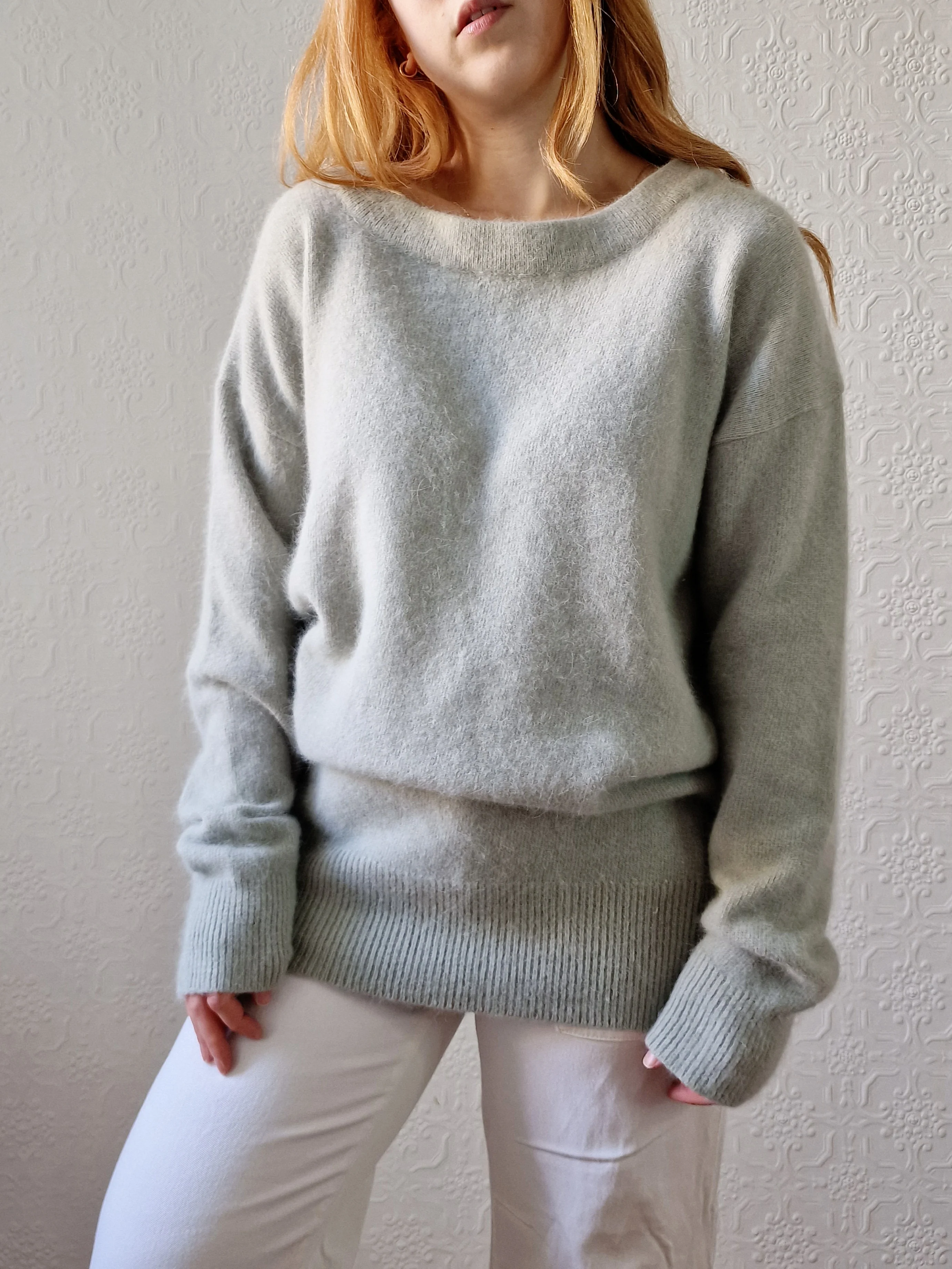 Vintage Muted Green Angora Jumper with Boat Neck - L - Image 5