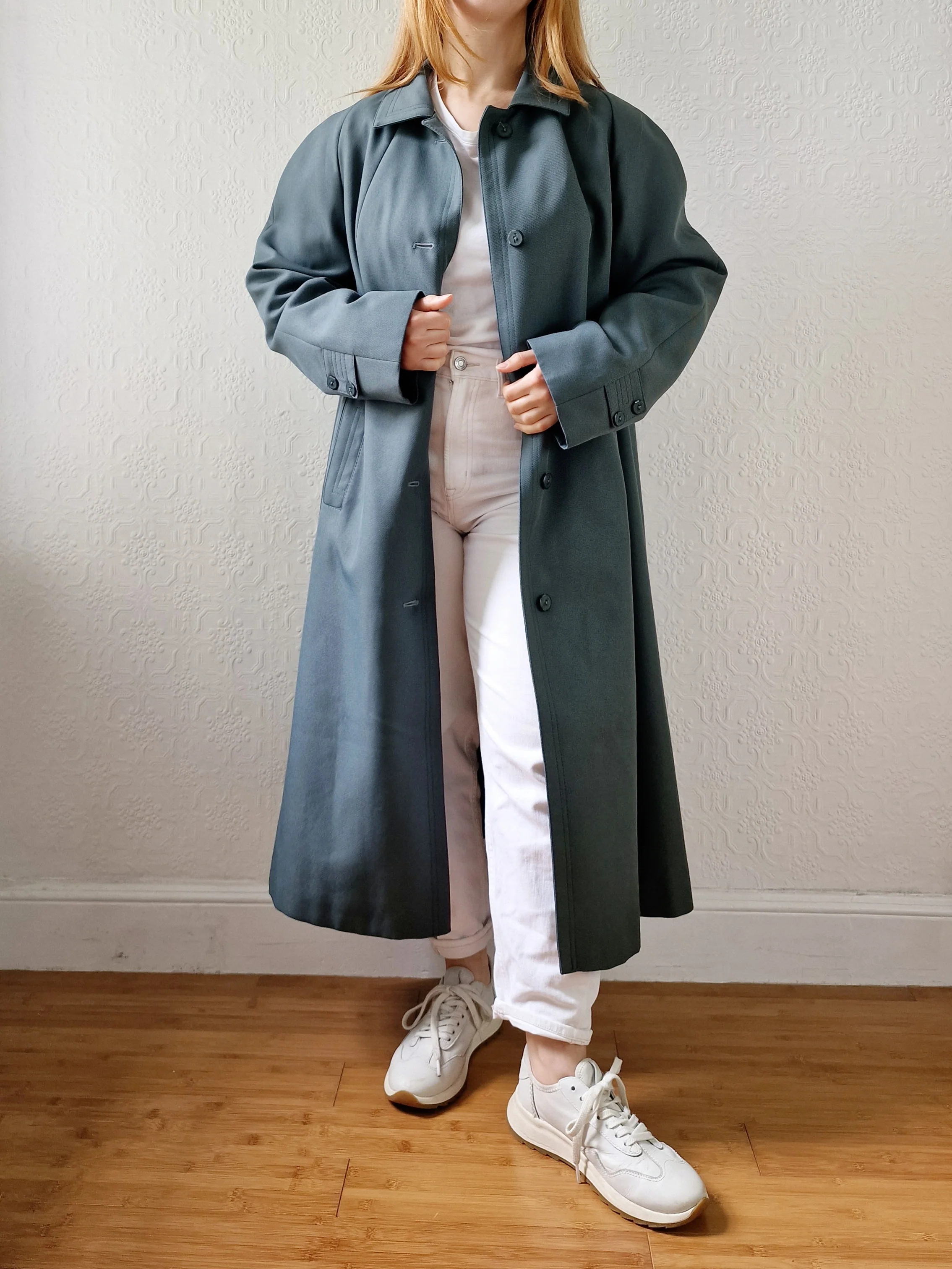 Vintage Muted Green Single Breasted Medium Length Trench Coat with Removable Lining - M/L - Image 4