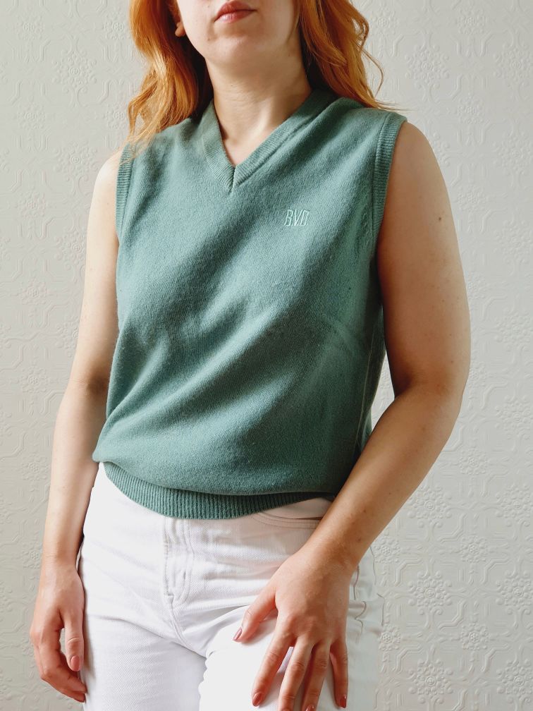 Vintage Muted Green Wool V-Neck Vest - S