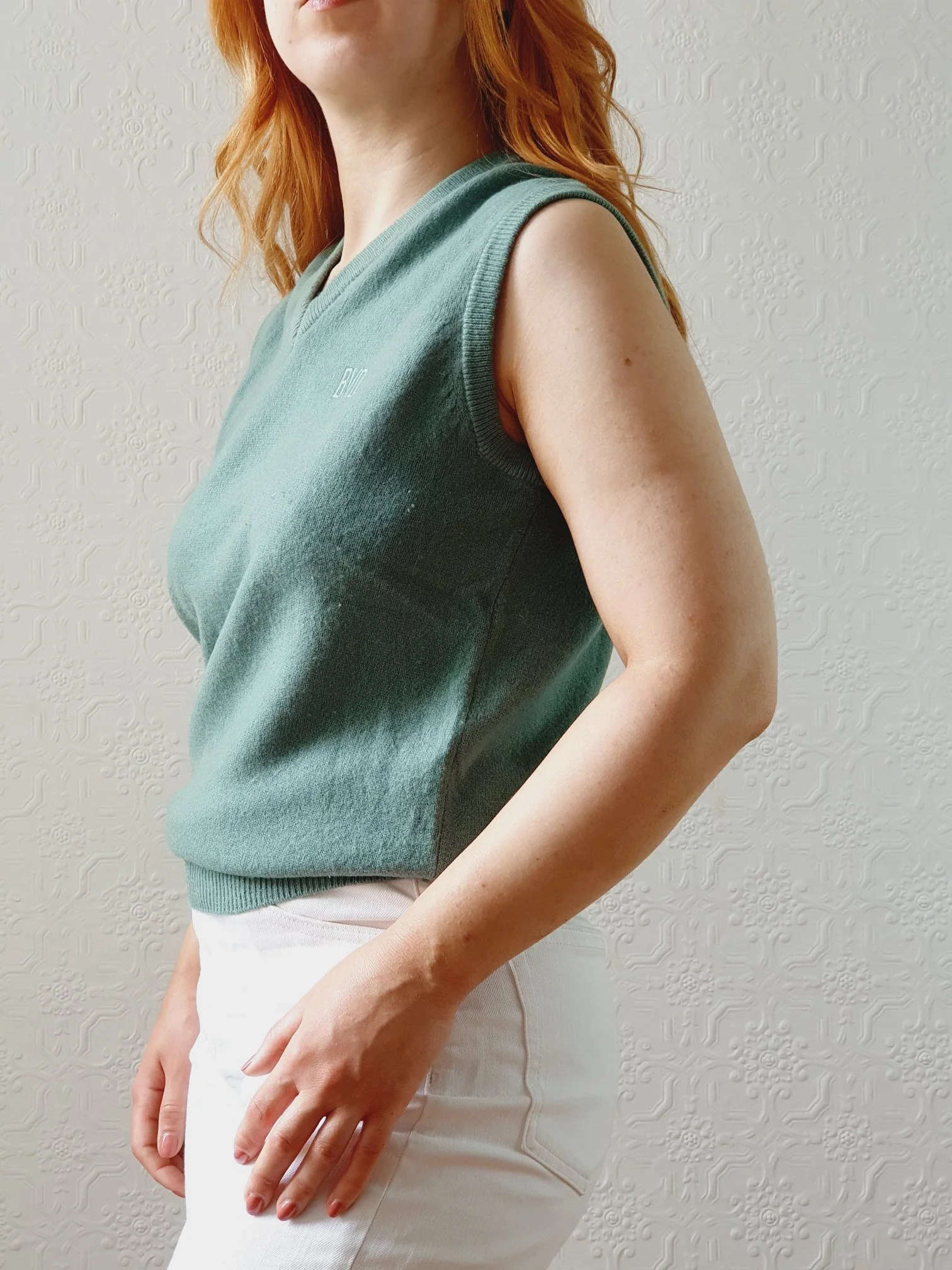 Vintage Muted Green Wool V-Neck Vest - S - Image 2