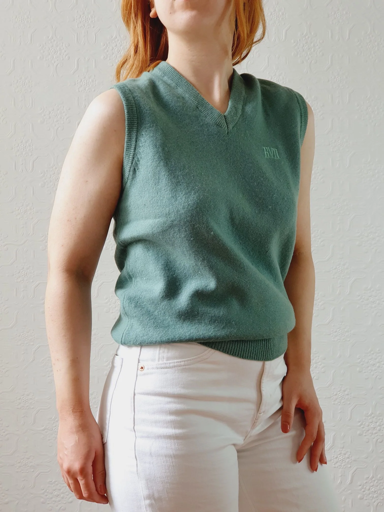 Vintage Muted Green Wool V-Neck Vest - S - Image 4