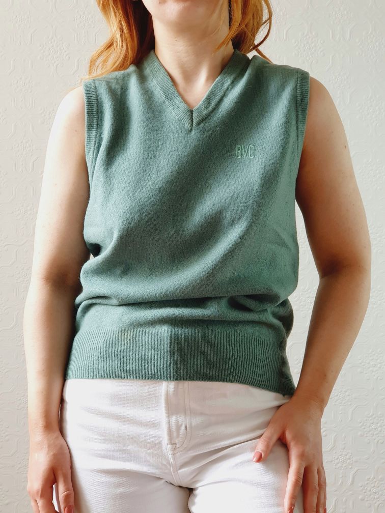 Vintage Muted Green Wool V-Neck Vest - S - Image 5