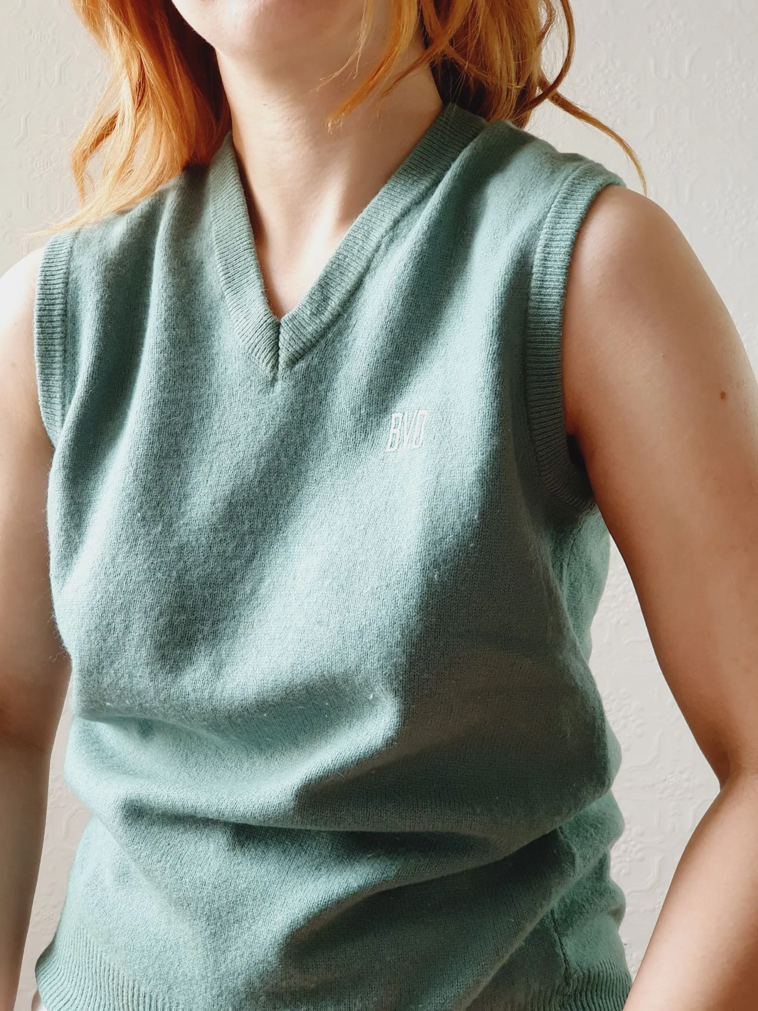 Vintage Muted Green Wool V-Neck Vest - S - Image 6