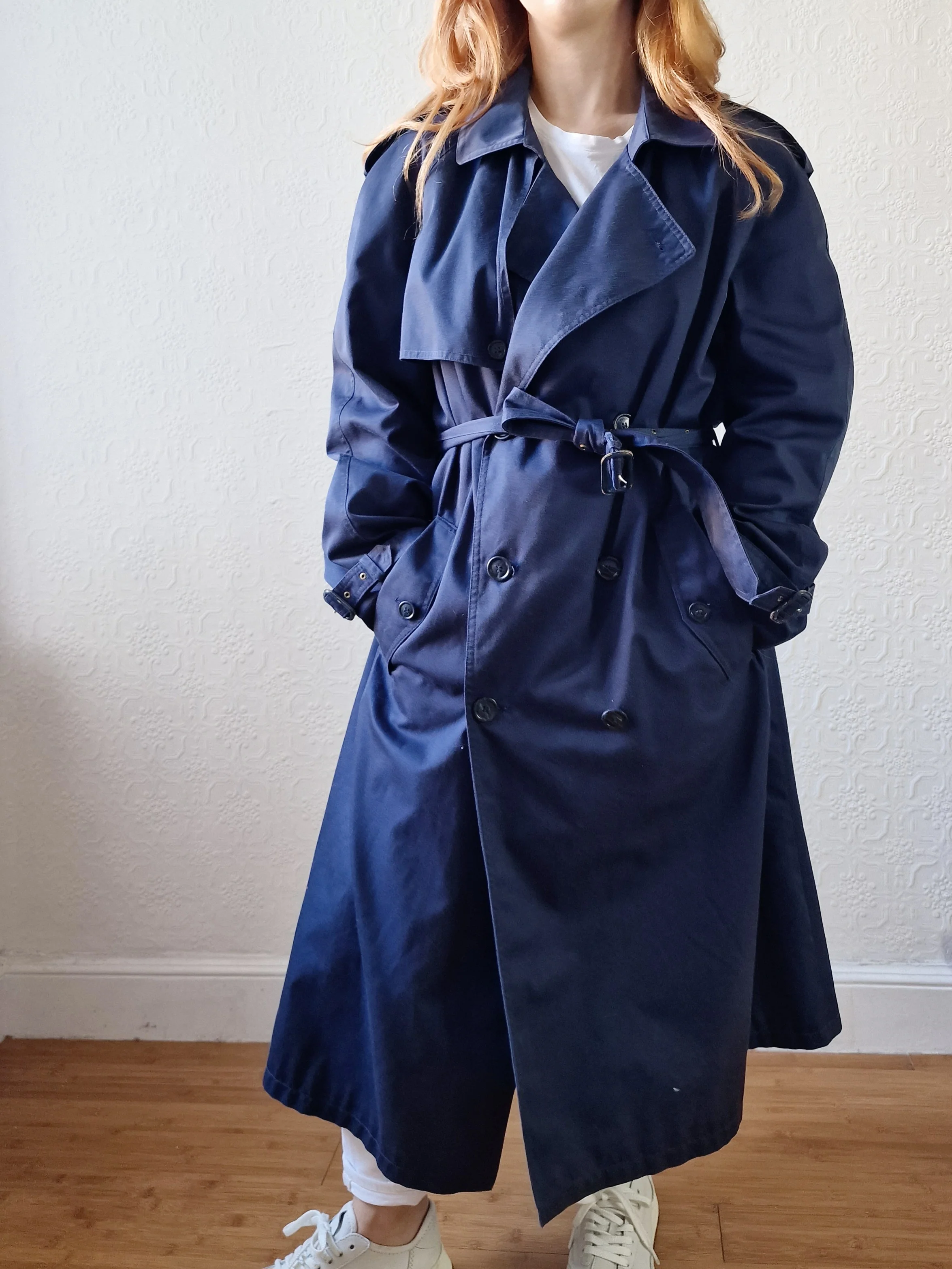 Vintage Navy Blue Double Breasted Trench Coat with Belt - L - Image 10