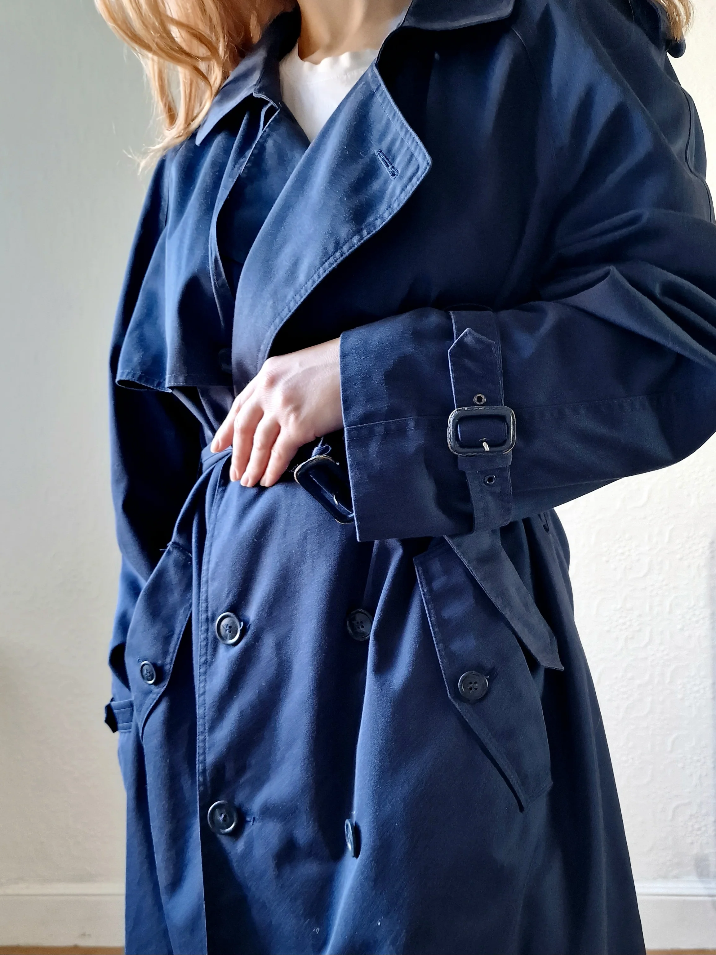 Vintage Navy Blue Double Breasted Trench Coat with Belt - L - Image 11