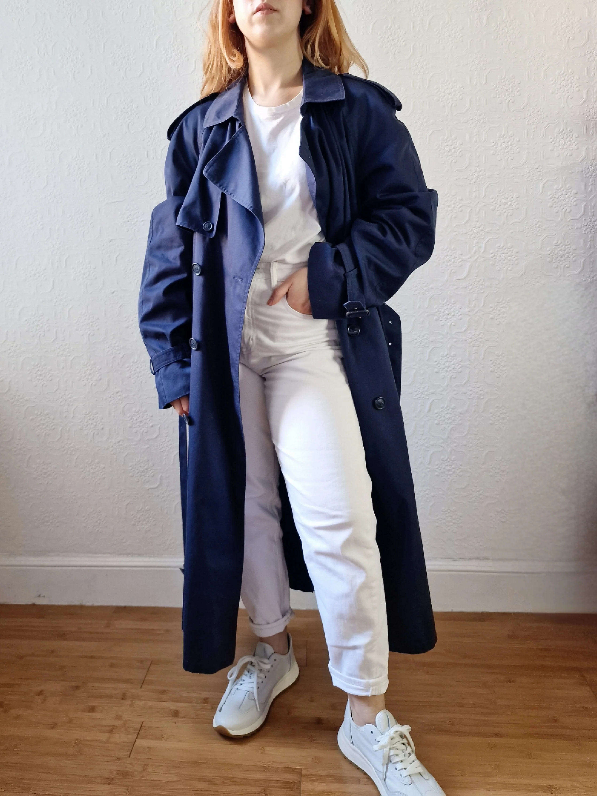 Vintage Navy Blue Double Breasted Trench Coat with Belt - L - Image 2
