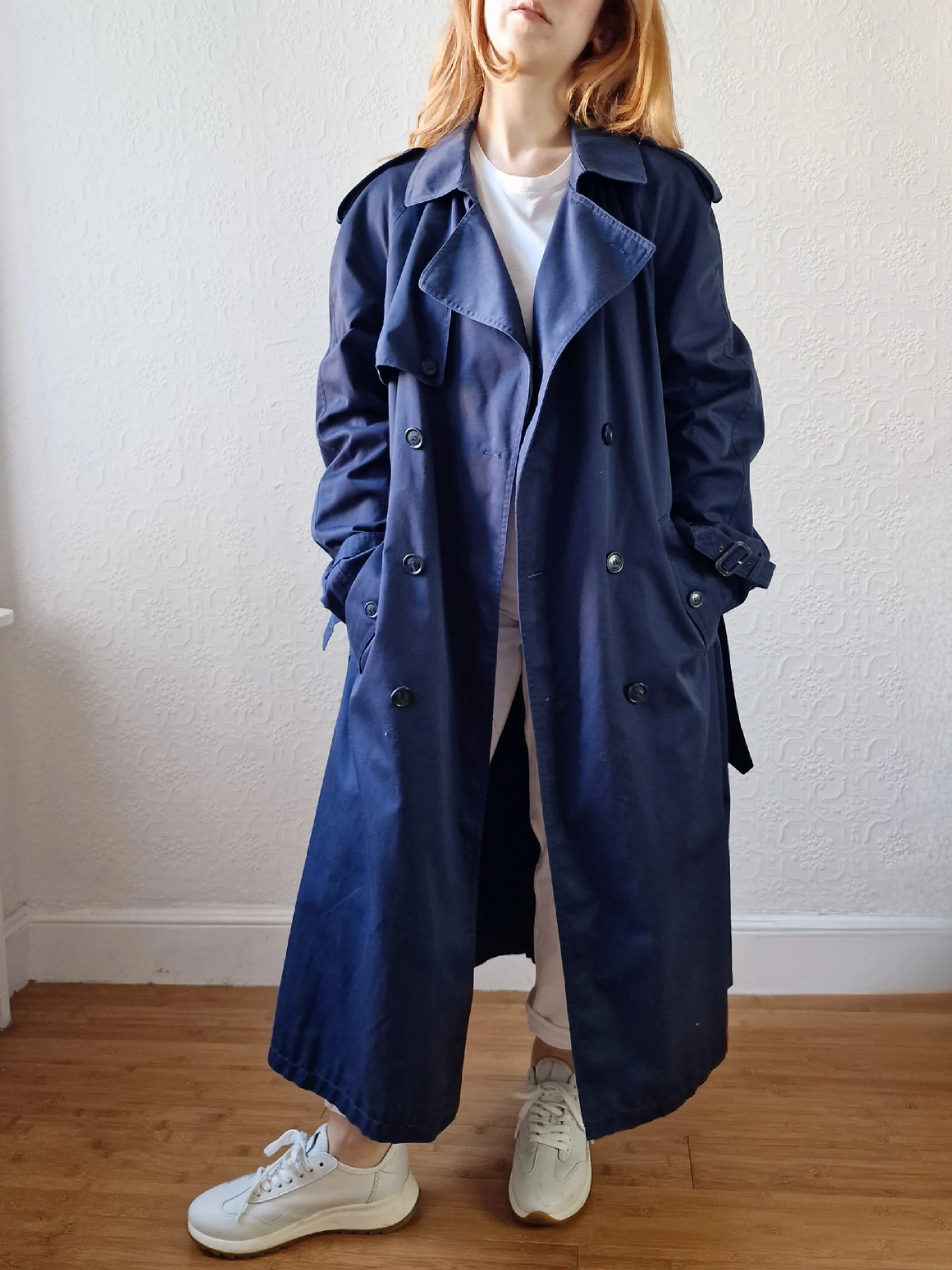 Vintage Navy Blue Double Breasted Trench Coat with Belt - L - Image 3