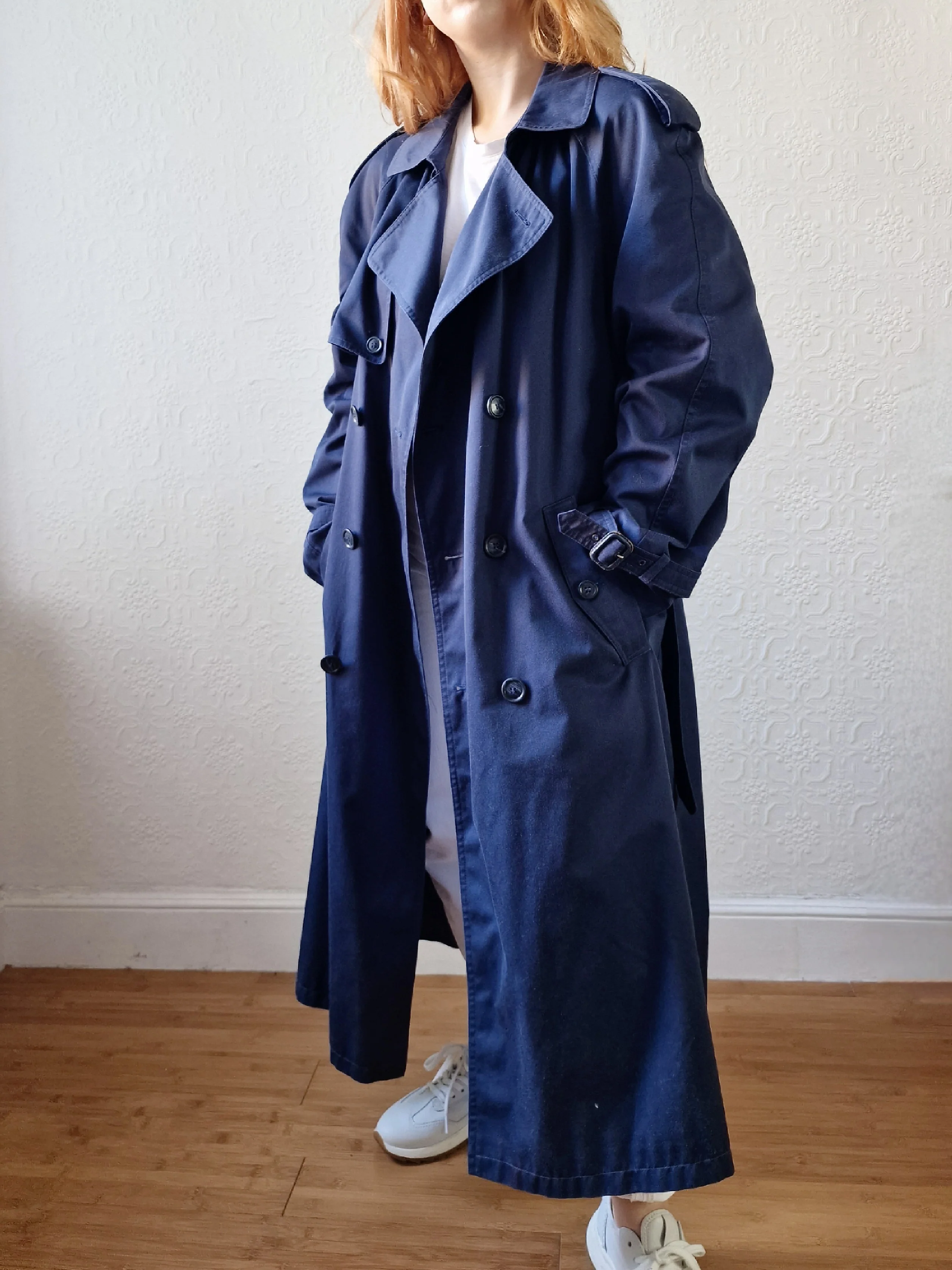 Vintage Navy Blue Double Breasted Trench Coat with Belt - L - Image 4