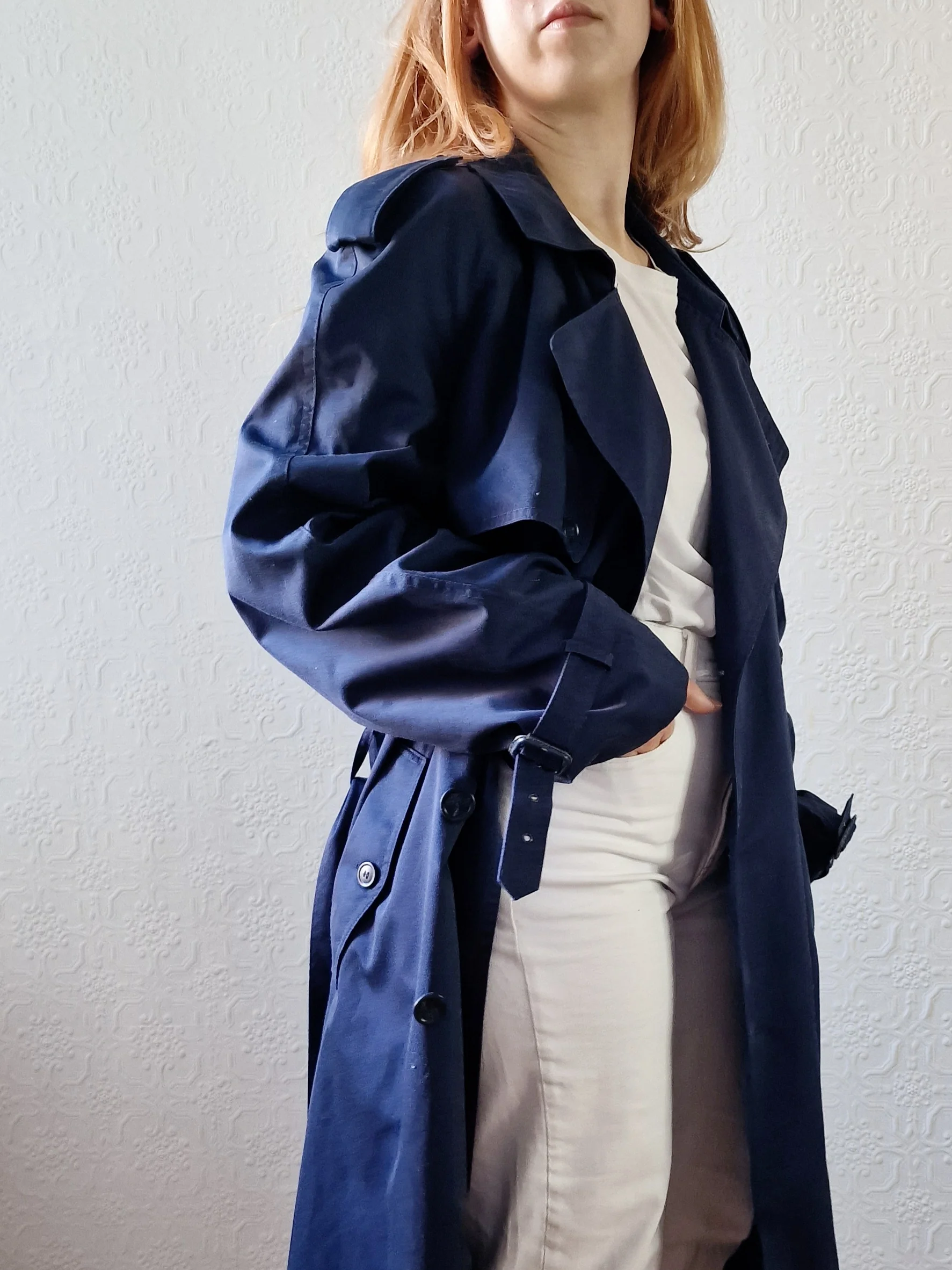 Vintage Navy Blue Double Breasted Trench Coat with Belt - L - Image 6