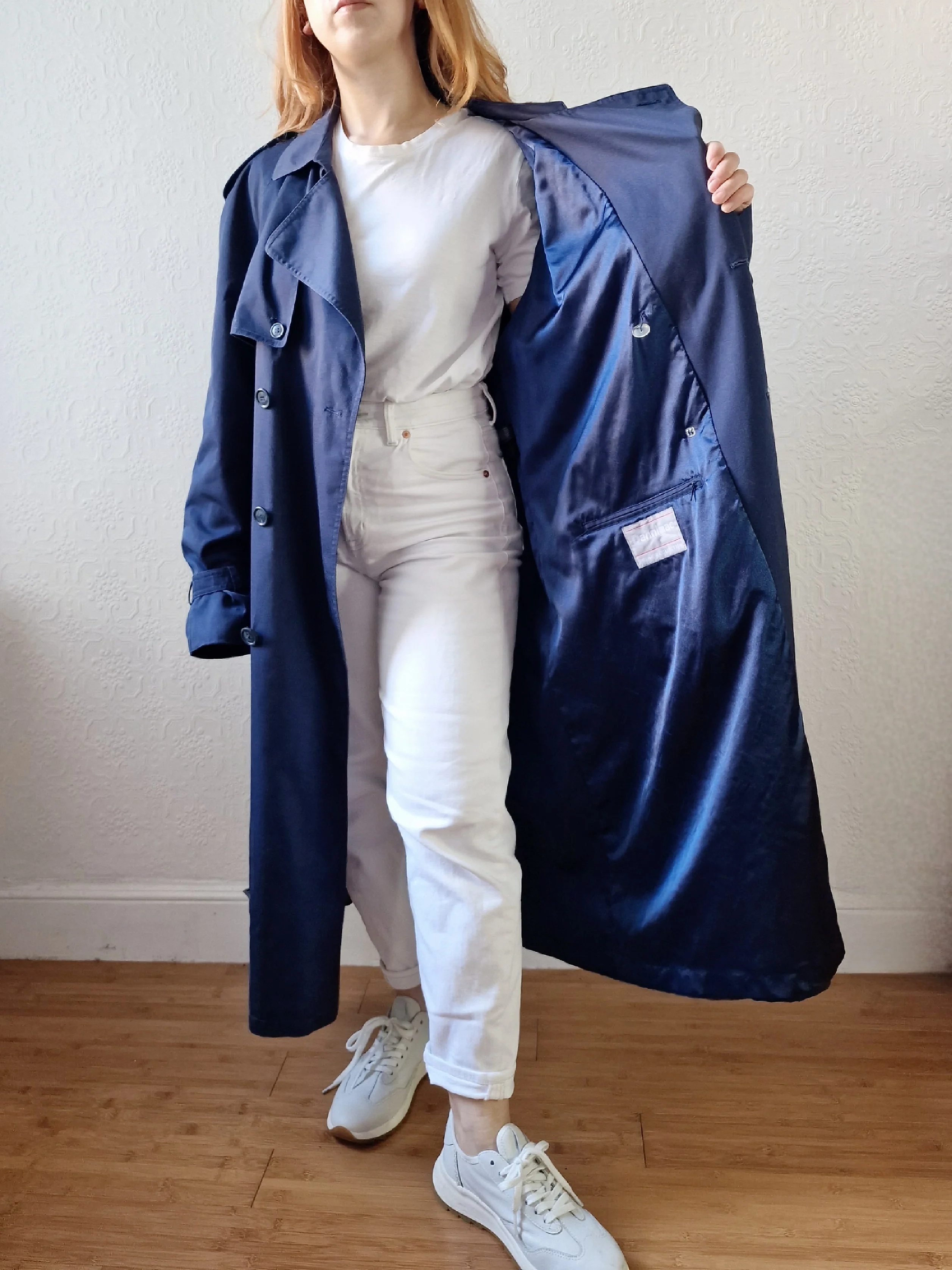 Vintage Navy Blue Double Breasted Trench Coat with Belt - L - Image 7