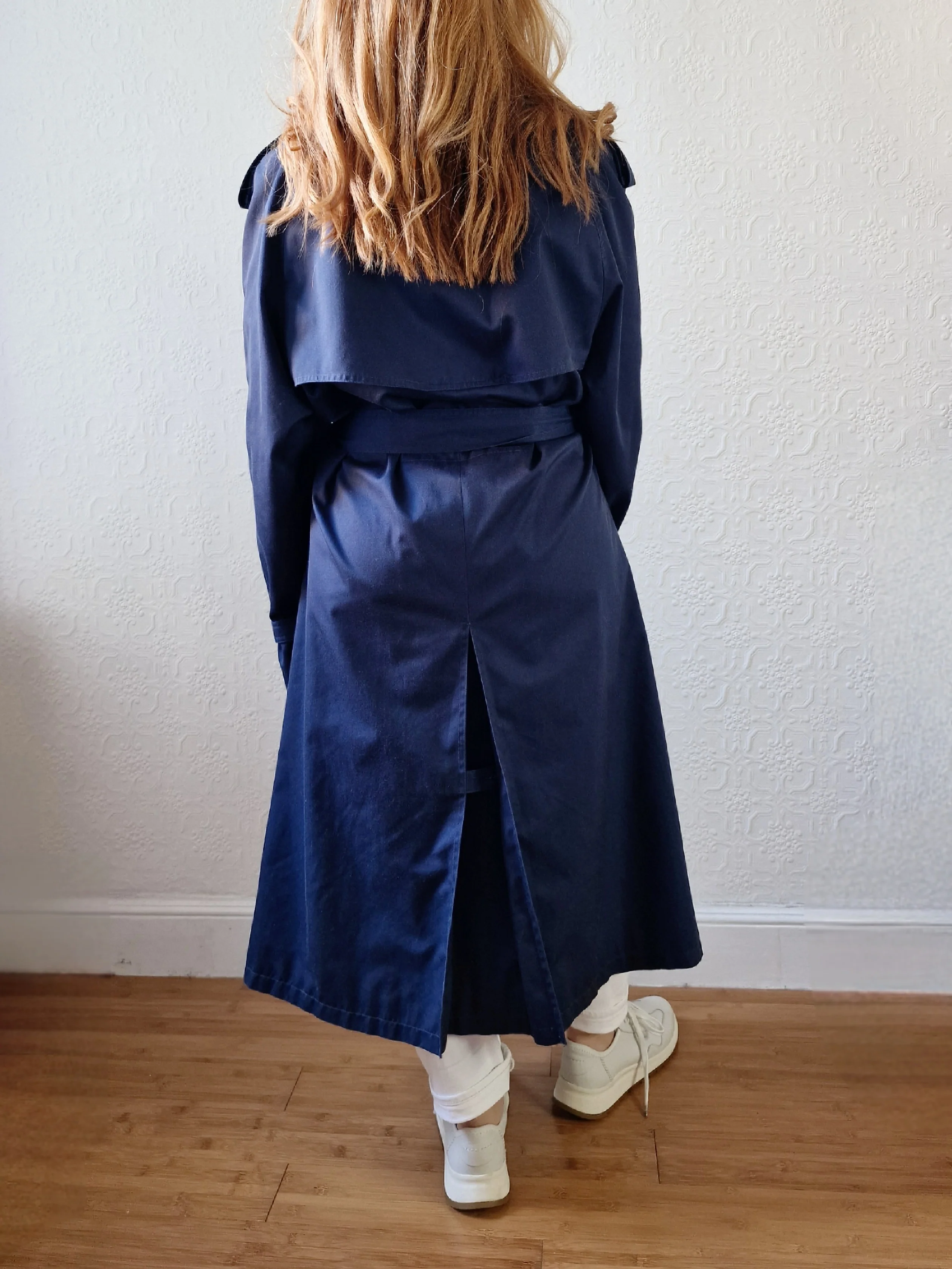 Vintage Navy Blue Double Breasted Trench Coat with Belt - L - Image 8