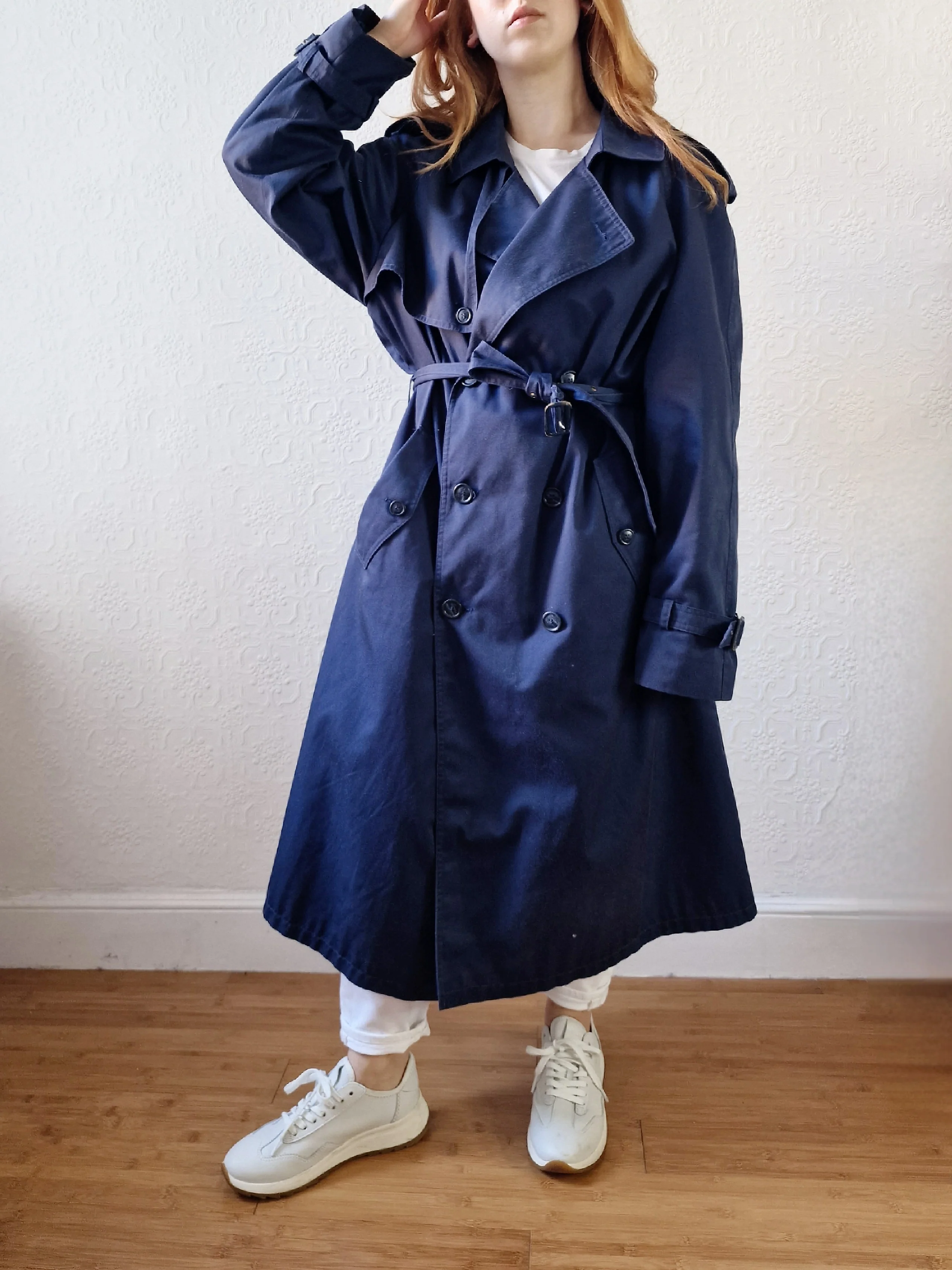 Vintage Navy Blue Double Breasted Trench Coat with Belt - L - Image 9
