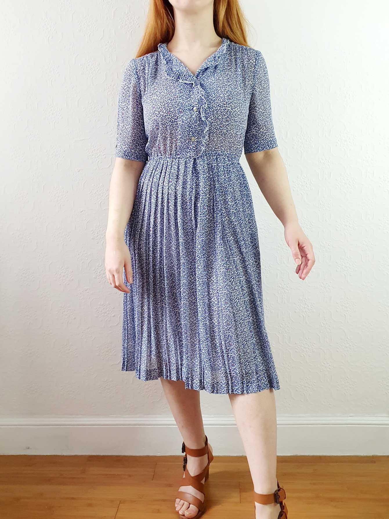 Vintage Navy Blue Short Sleeve Ditsy Floral Shirt Dress - XS/S