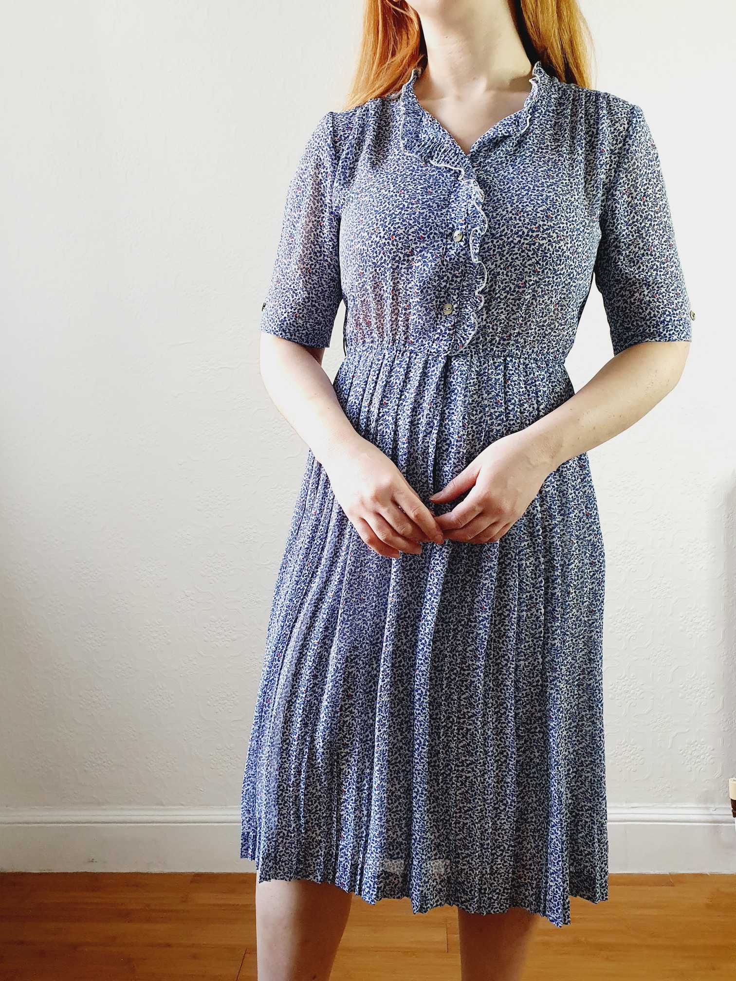 Vintage Navy Blue Short Sleeve Ditsy Floral Shirt Dress - XS/S - Image 11