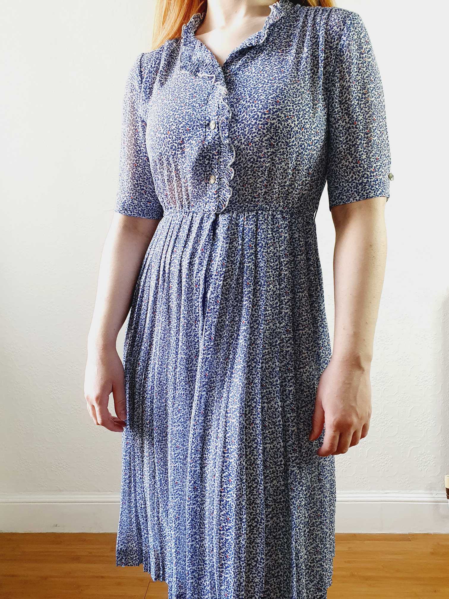 Vintage Navy Blue Short Sleeve Ditsy Floral Shirt Dress - XS/S - Image 12