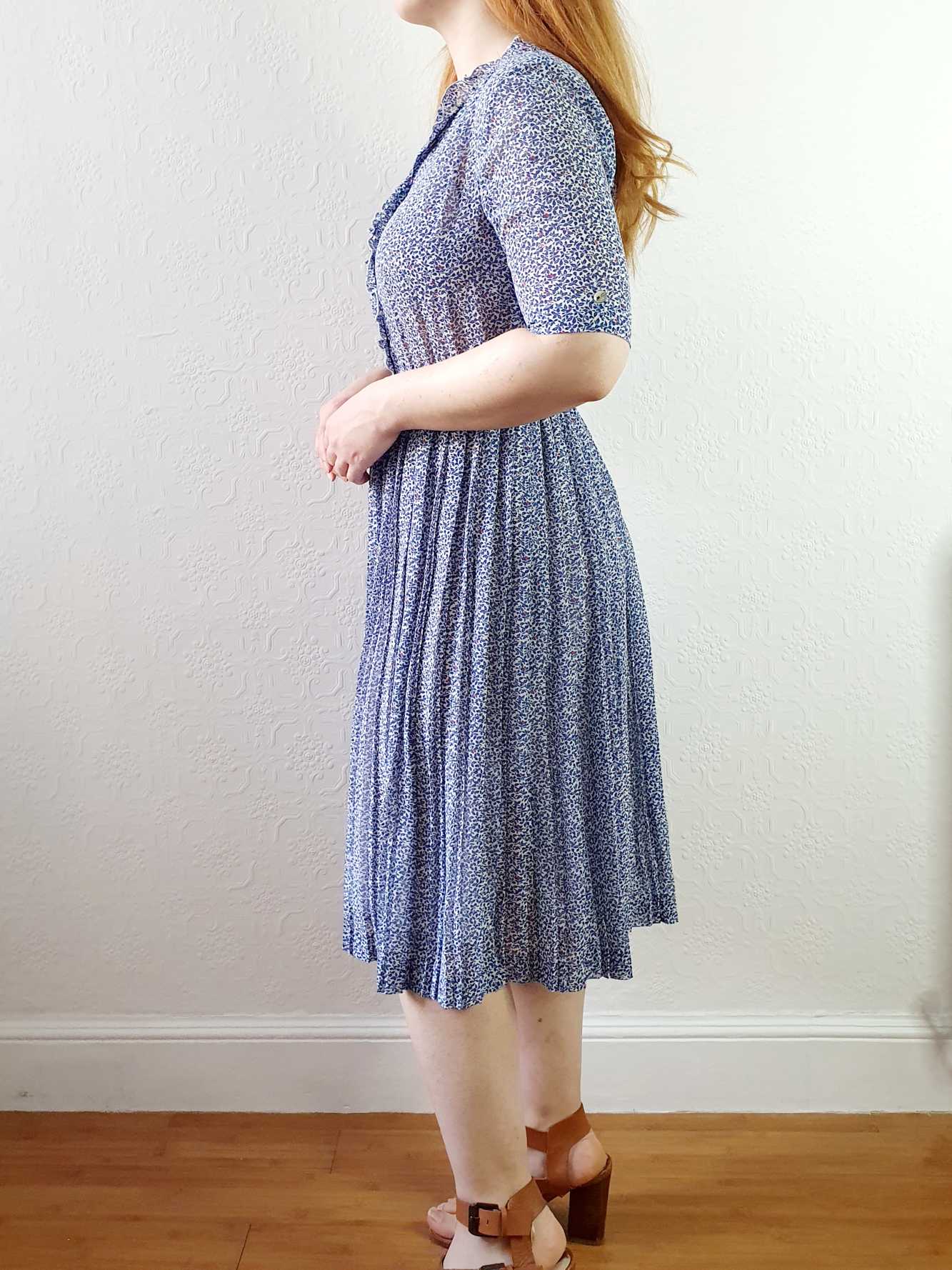 Vintage Navy Blue Short Sleeve Ditsy Floral Shirt Dress - XS/S - Image 13