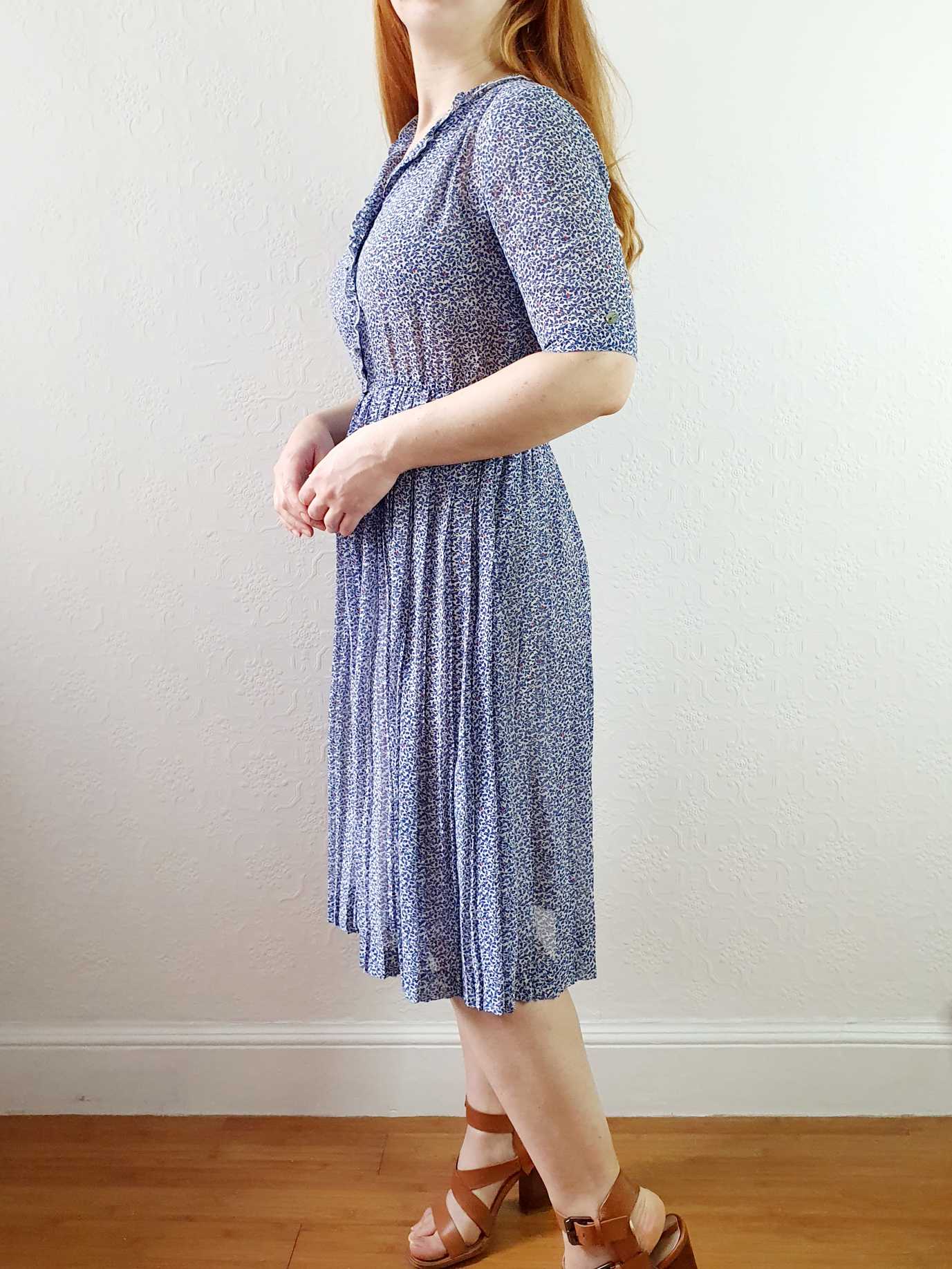 Vintage Navy Blue Short Sleeve Ditsy Floral Shirt Dress - XS/S - Image 2