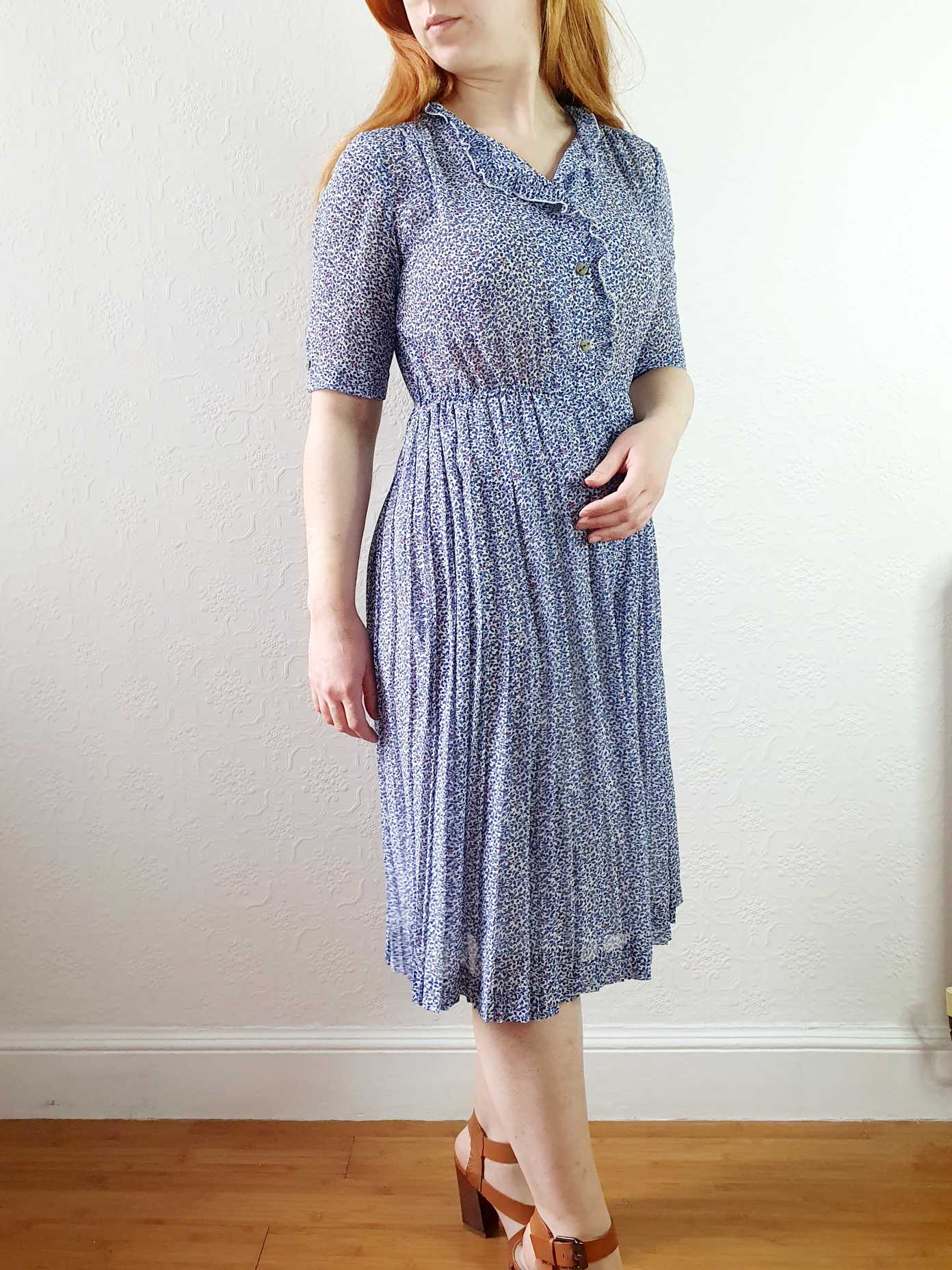 Vintage Navy Blue Short Sleeve Ditsy Floral Shirt Dress - XS/S - Image 3