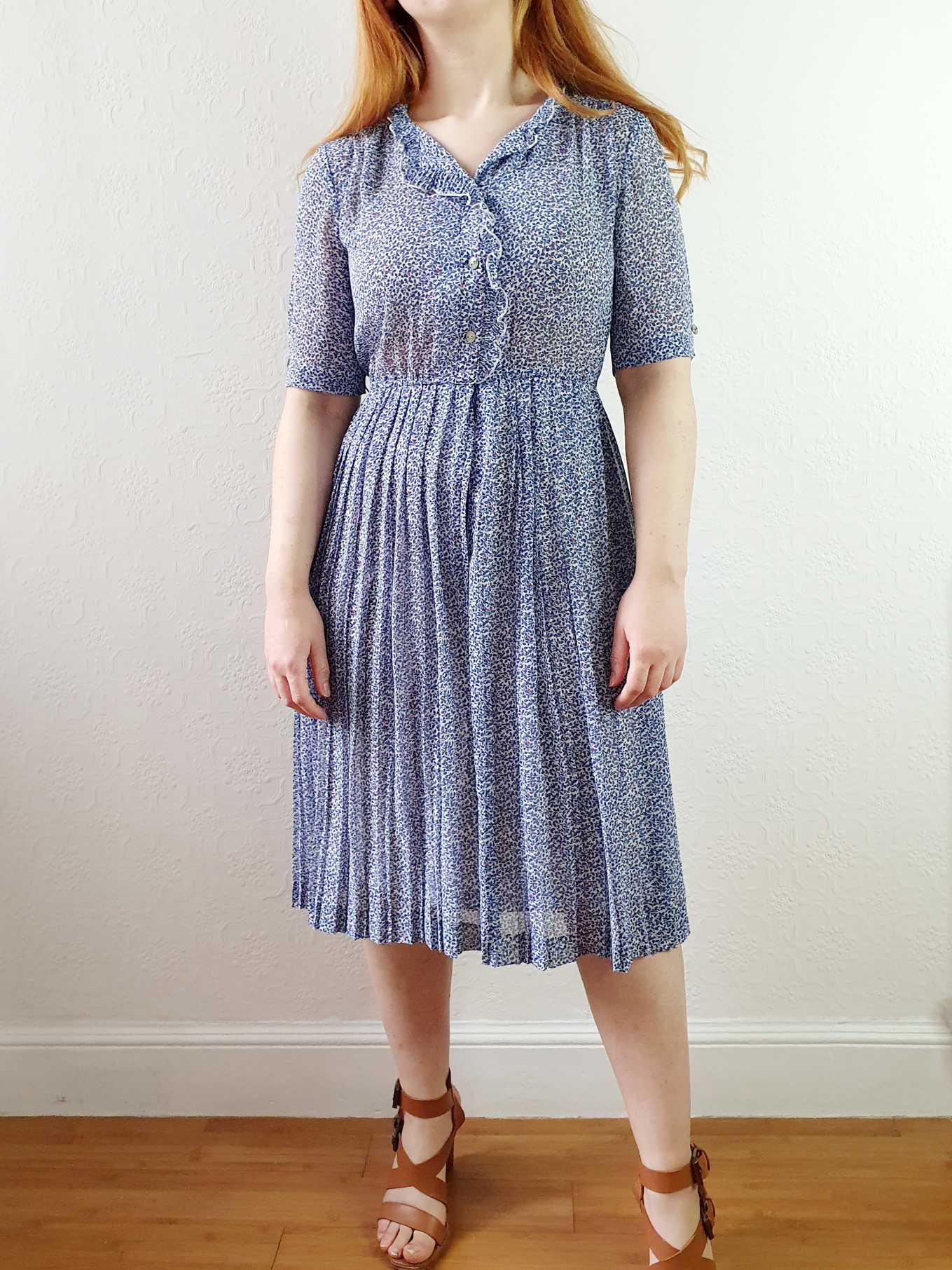 Vintage Navy Blue Short Sleeve Ditsy Floral Shirt Dress - XS/S - Image 4