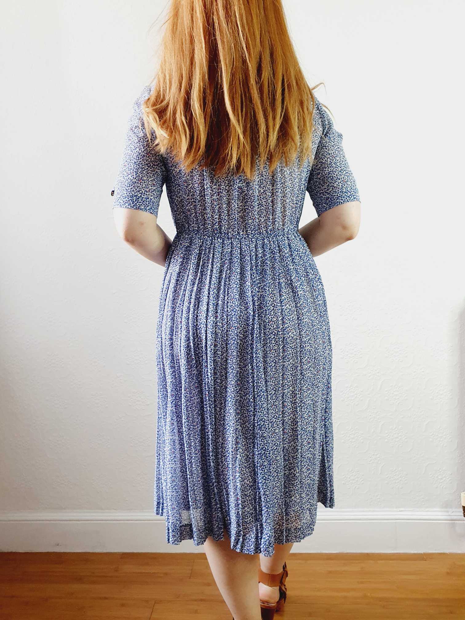 Vintage Navy Blue Short Sleeve Ditsy Floral Shirt Dress - XS/S - Image 5