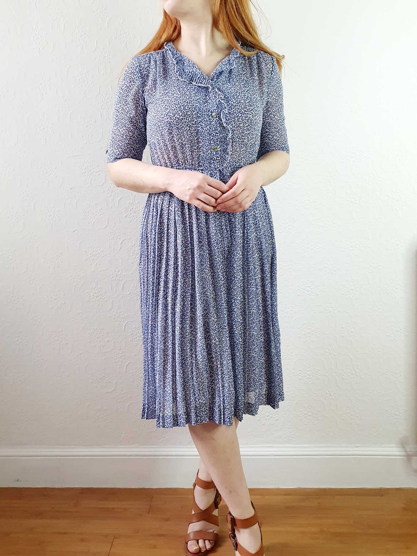 Vintage Navy Blue Short Sleeve Ditsy Floral Shirt Dress - XS/S - Image 6