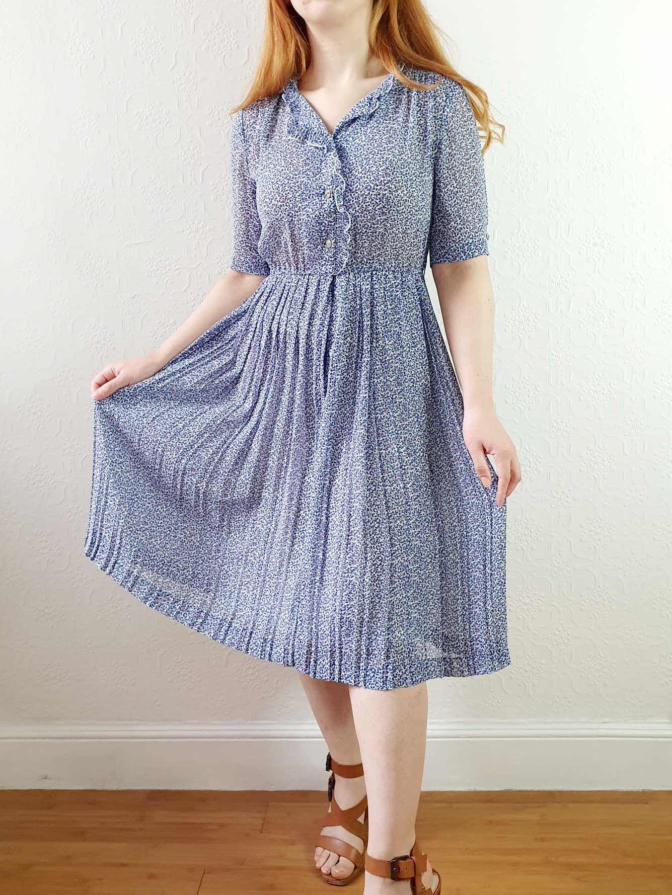 Vintage Navy Blue Short Sleeve Ditsy Floral Shirt Dress - XS/S - Image 7
