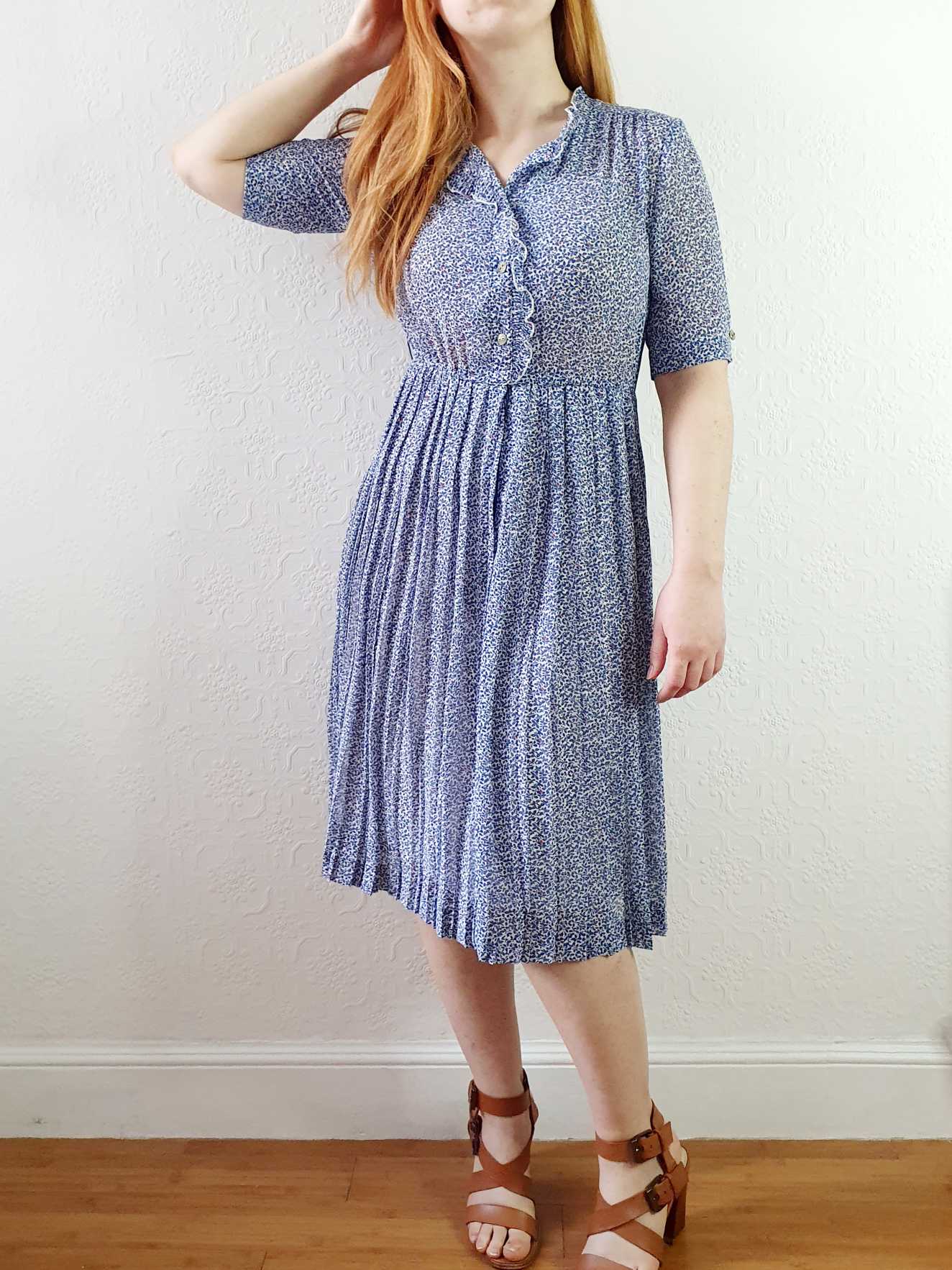 Vintage Navy Blue Short Sleeve Ditsy Floral Shirt Dress - XS/S - Image 8