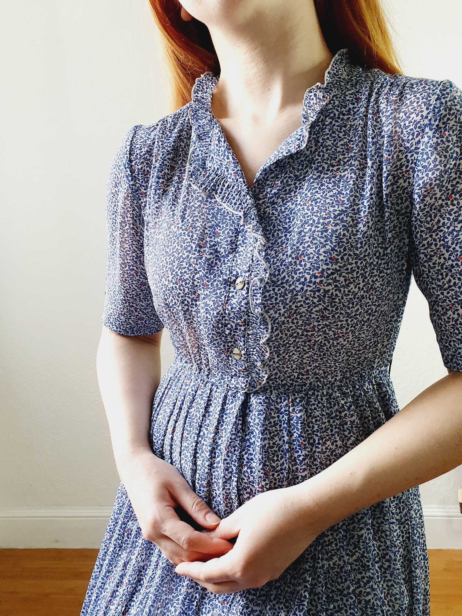 Vintage Navy Blue Short Sleeve Ditsy Floral Shirt Dress - XS/S - Image 9