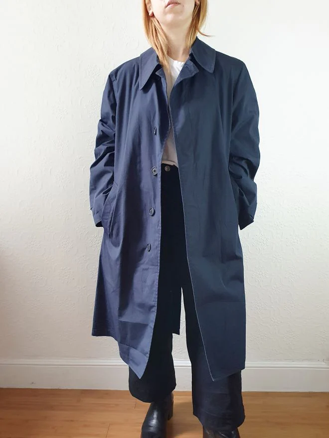 Vintage Navy Blue Single Breasted Trench Coat - M - Image 9