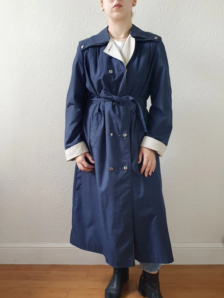 Vintage Navy Double Breasted Trench Coat with Contrasting Details - S/M