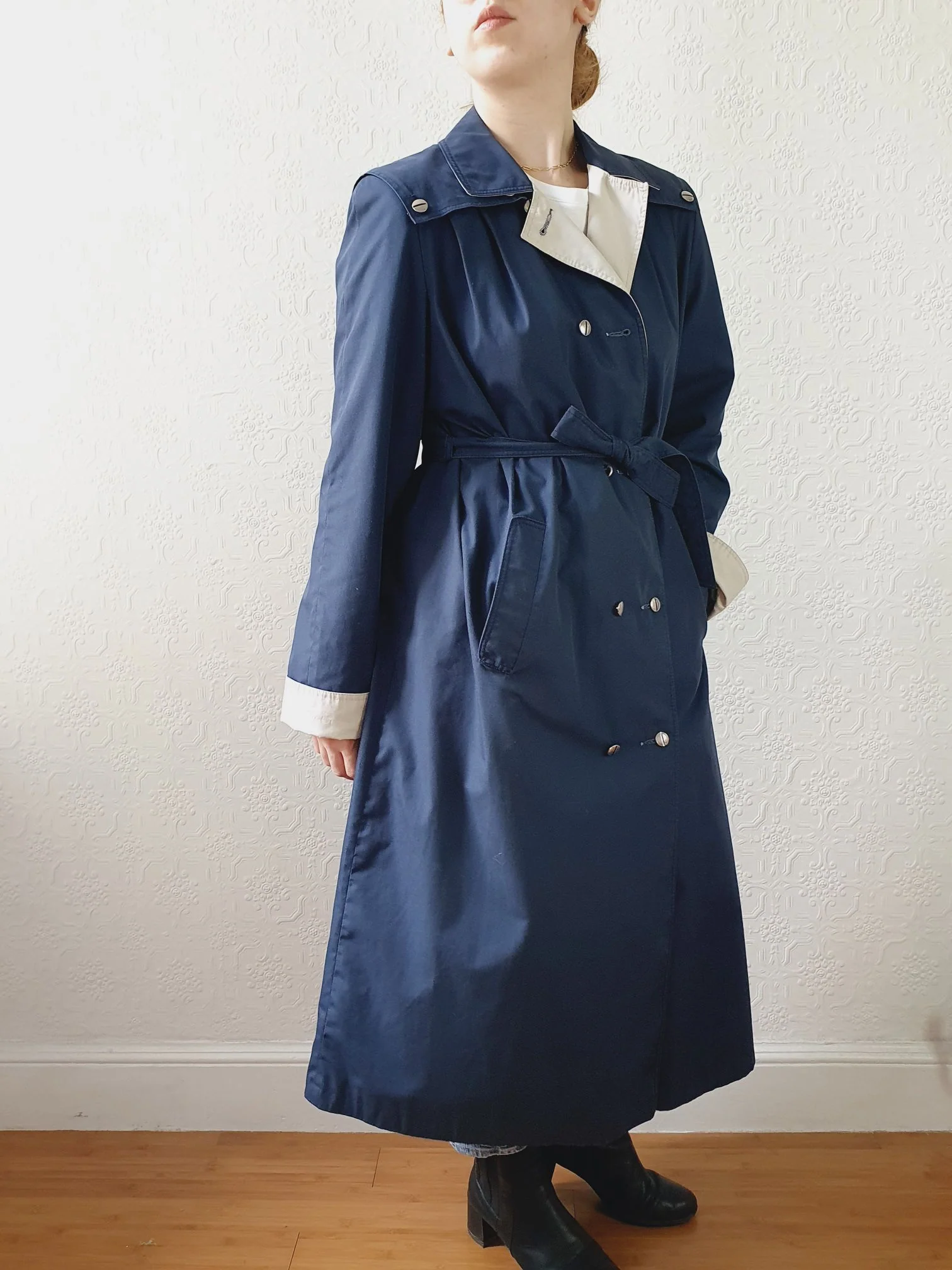 Vintage Navy Double Breasted Trench Coat with Contrasting Details - S/M - Image 11