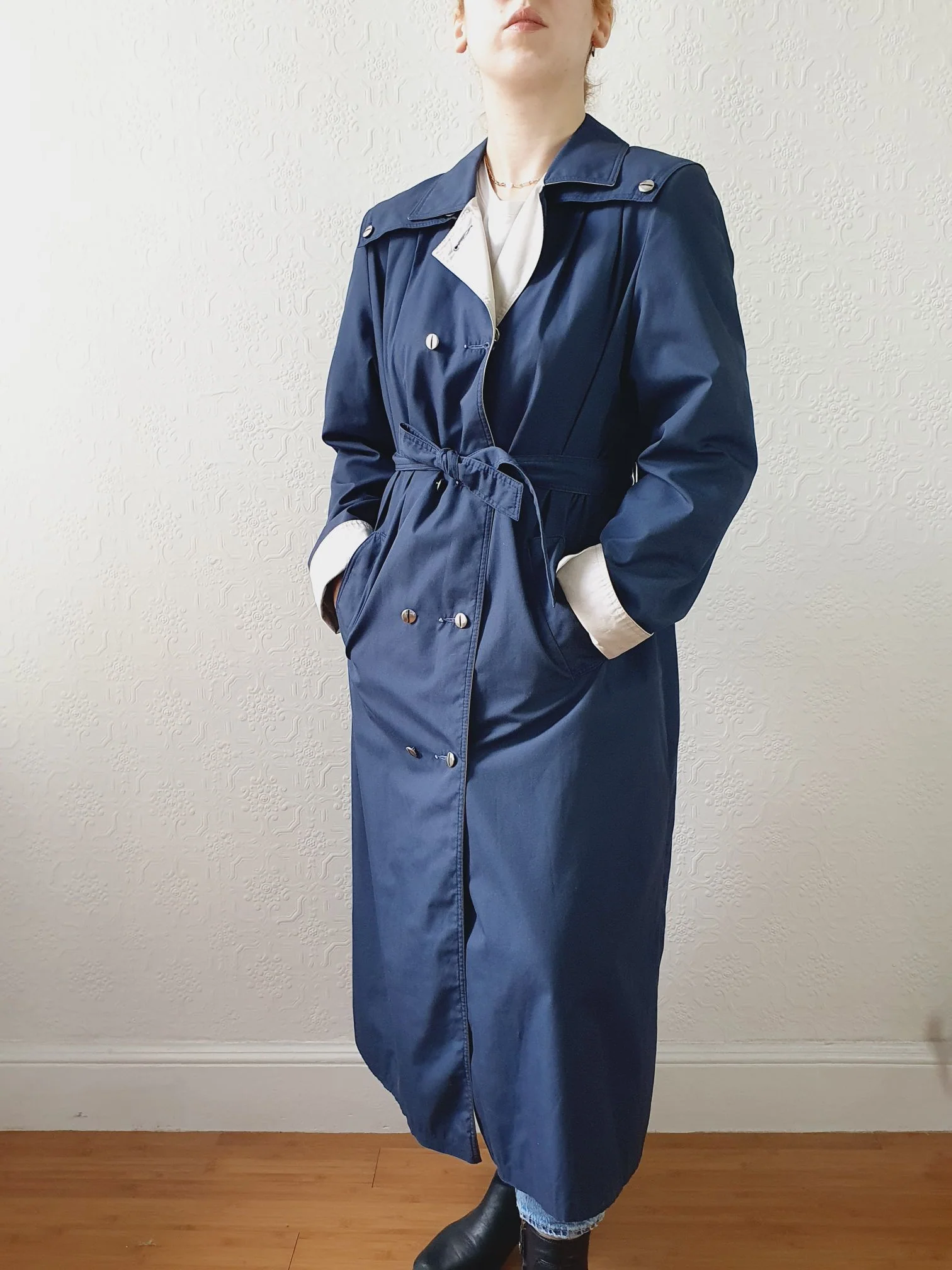 Vintage Navy Double Breasted Trench Coat with Contrasting Details - S/M - Image 8