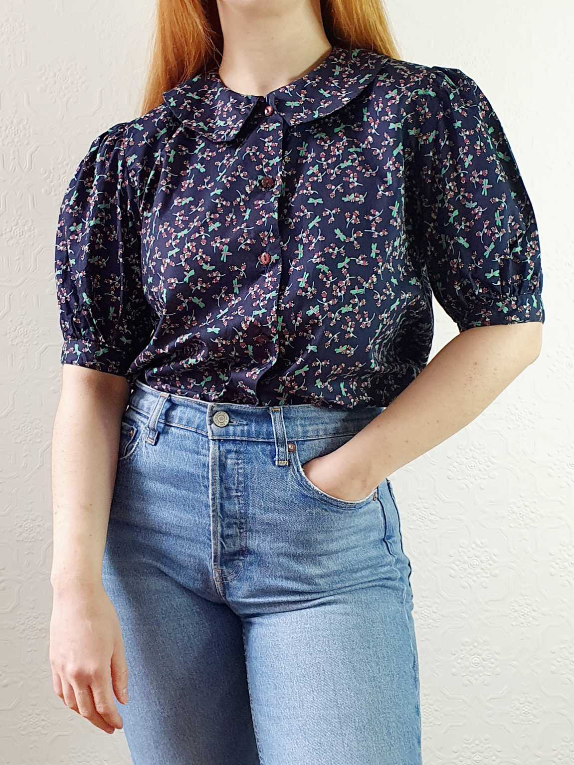 Vintage Navy Floral Puff Sleeve Cotton Blouse - S/M - Image 2