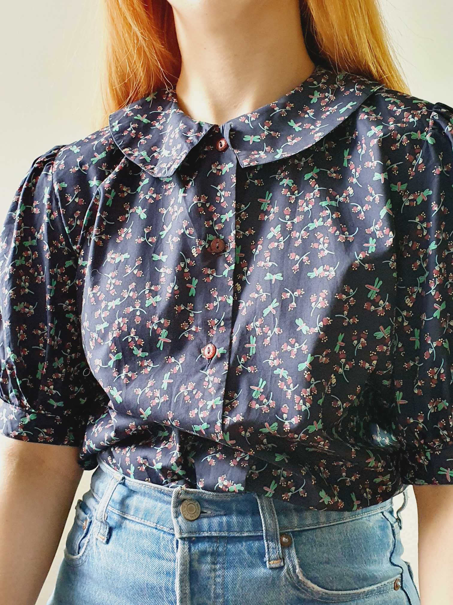 Vintage Navy Floral Puff Sleeve Cotton Blouse - S/M - Image 3