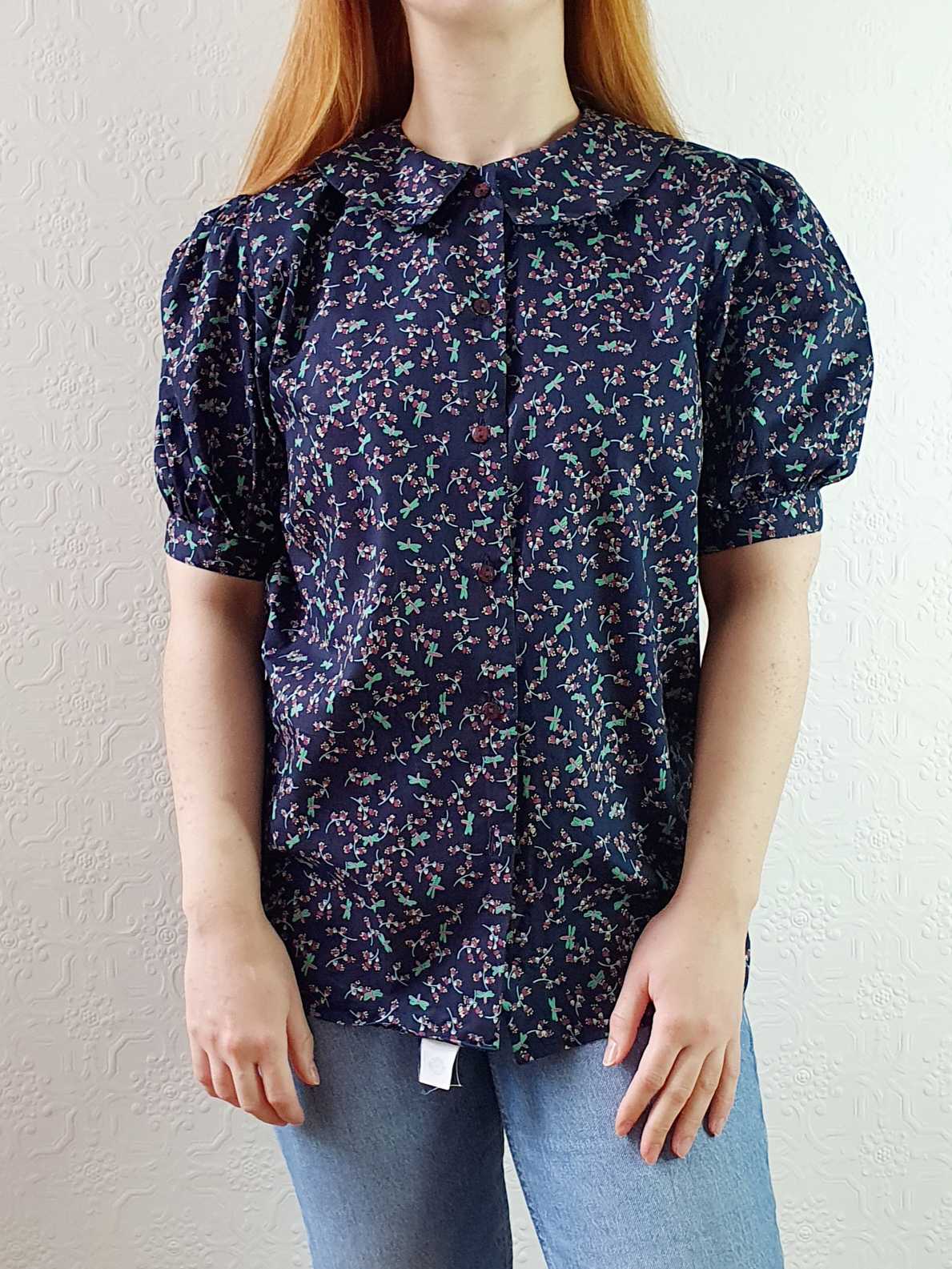 Vintage Navy Floral Puff Sleeve Cotton Blouse - S/M - Image 4